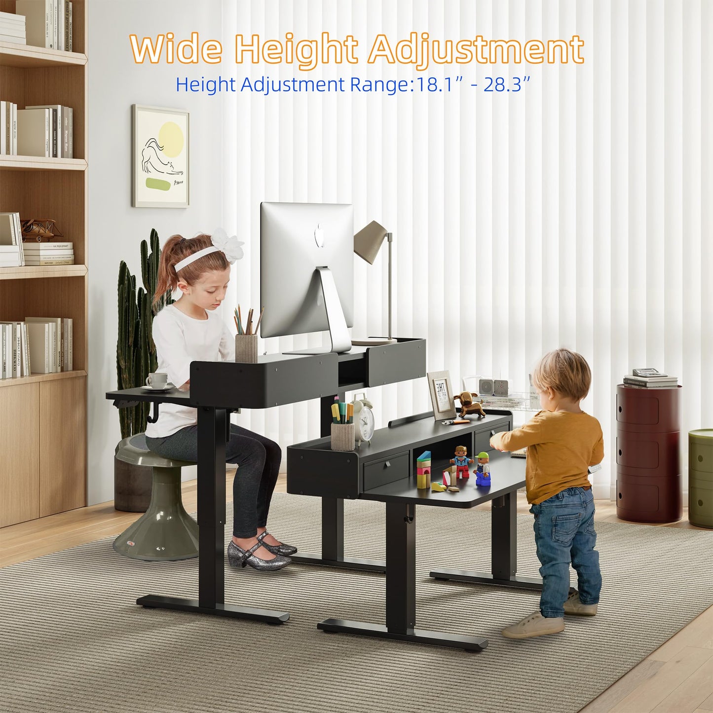 YIHAYO Low Height Adjustable Desk with Drawers, Lifts 18.1-28.3 Inches, Electric Standing Desk with Storage Shelf for Short People, 40 x 24 Inches Table with Splice Board for Home Office, Black