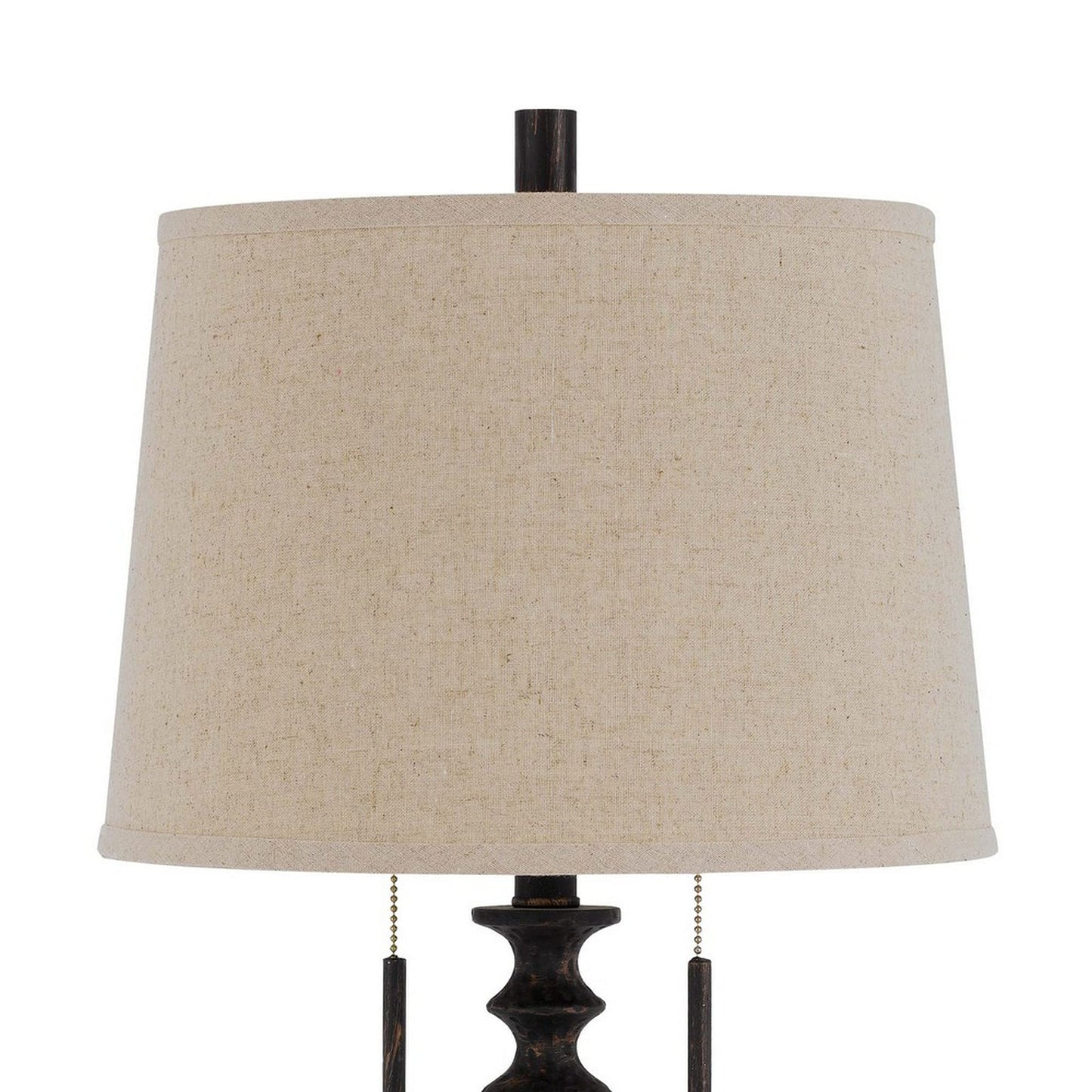 Benzara Table Lamp with Tubular Resin Support, Pull Chain, Dark Bronze, Model BM241869, Plastic/Metal/Fabric