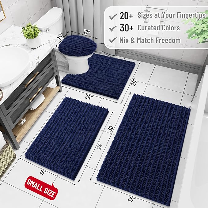 Arotive Luxury Chenille Bathroom Rug Mat, Extra Soft Thick Absorbent Shaggy Bath Rugs, Non-Slip Machine Wash Dry, Plush Bath Mats for Bathroom, Shower and Tub, 54x24, Navy