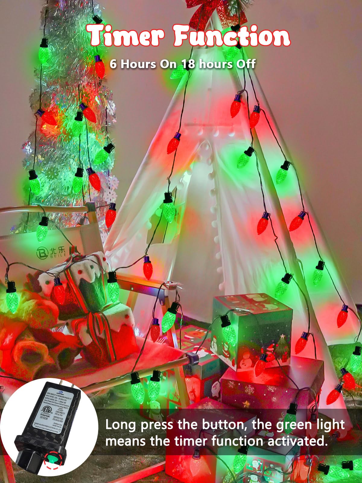 2-Pack Connectable C9 Christmas Lights Outdoor Indoor  66 Ft 100 Led Christmas String Lights Plug In With 8 Modes & Timer  Waterproof Fairy Twinkle Light For Xmas Tree Yard Decorations (Red And Green)