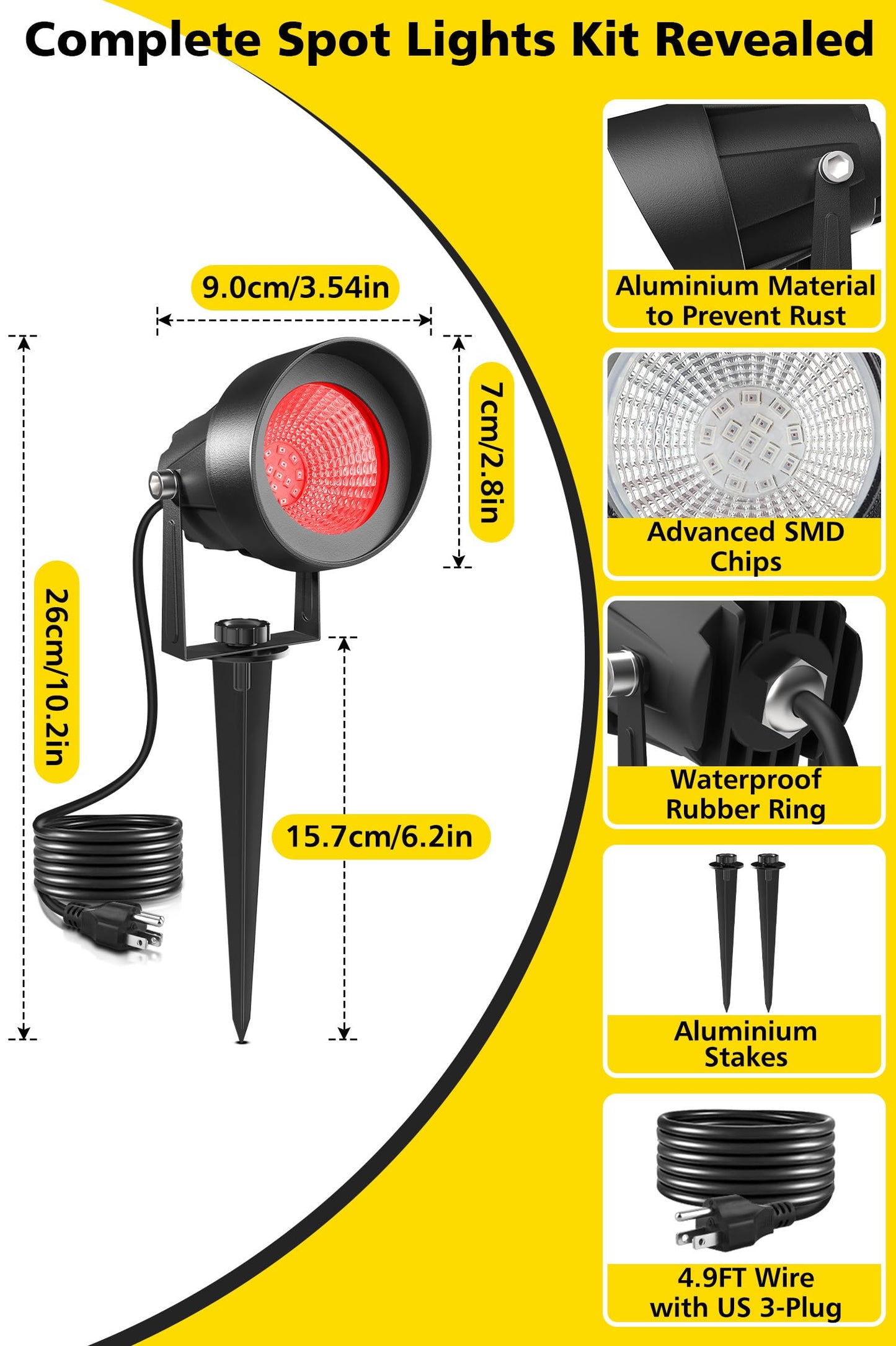 T-Sun Christmas Red Spotlight Outdoor  Waterproof Led Landscape Lighting With Us Plug  Easy Install 270?Adjustable Outdoor Spot Lights For Garden Tree Yard Decor