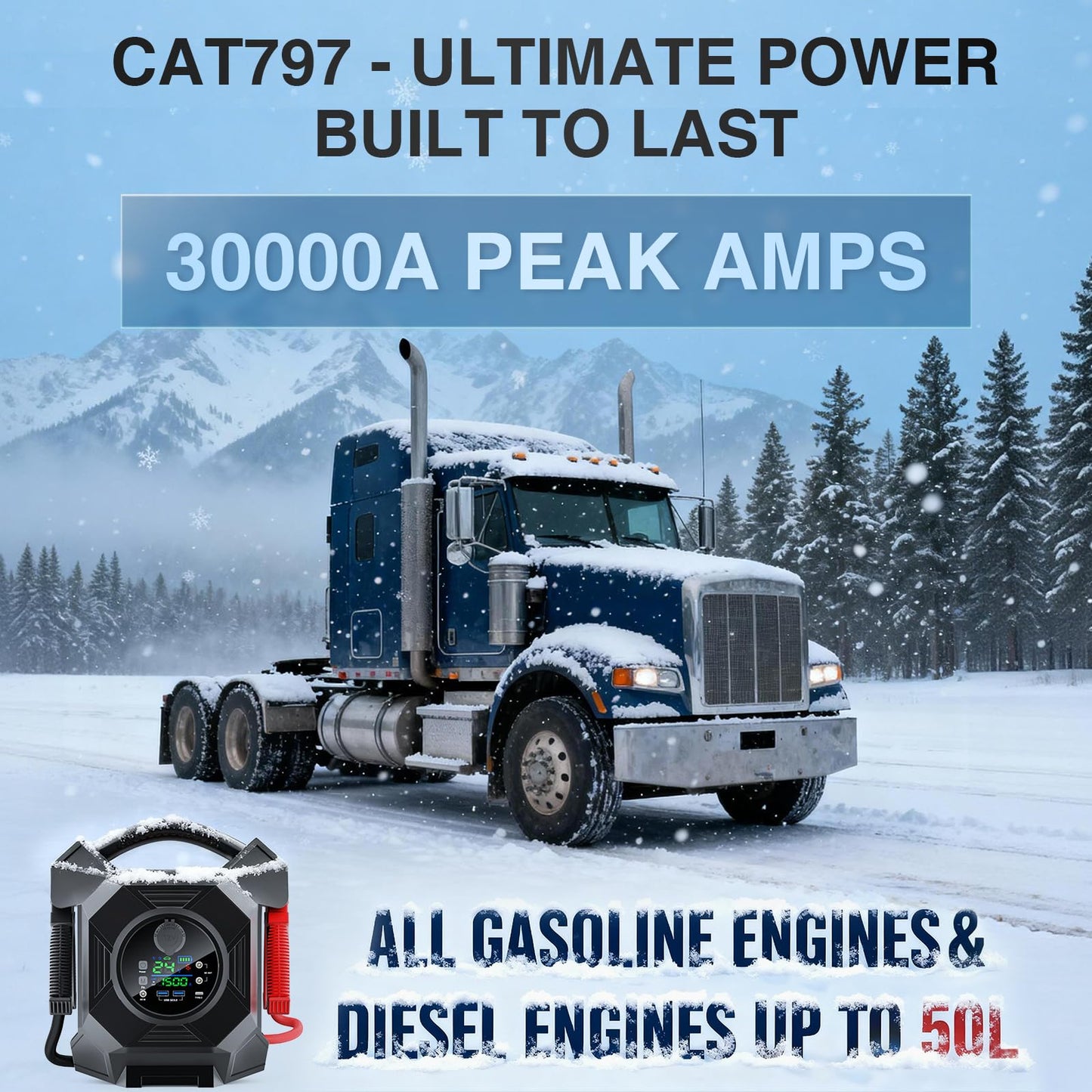 30000A 1S Startup Truck Jump Starter Heavy Duty,CAT797 12V/24V Smart Switching Lithium Battery Charger Booster Pack for Extreme -40°F to 140°F,for Diesel Engines Up to 50L and Gasoline Up to 99L