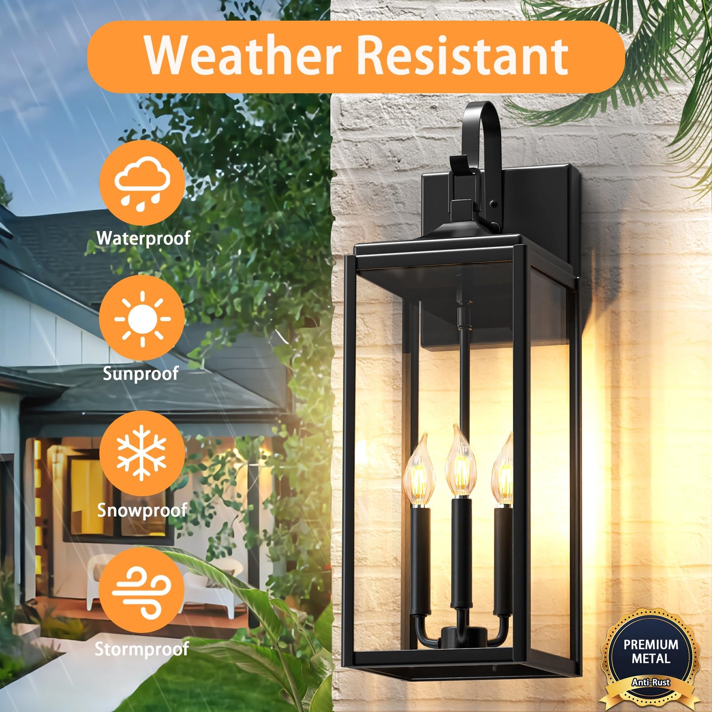 24 Extra Large Outdoor Wall Light 2 Packs  Black Exterior Lighting Fixtures Outdoor Porch Lantern Wall Mounted  Waterproof Modern Outside Wall Sconce  E12 3-Light Coach Lamp For House Patio Garage
