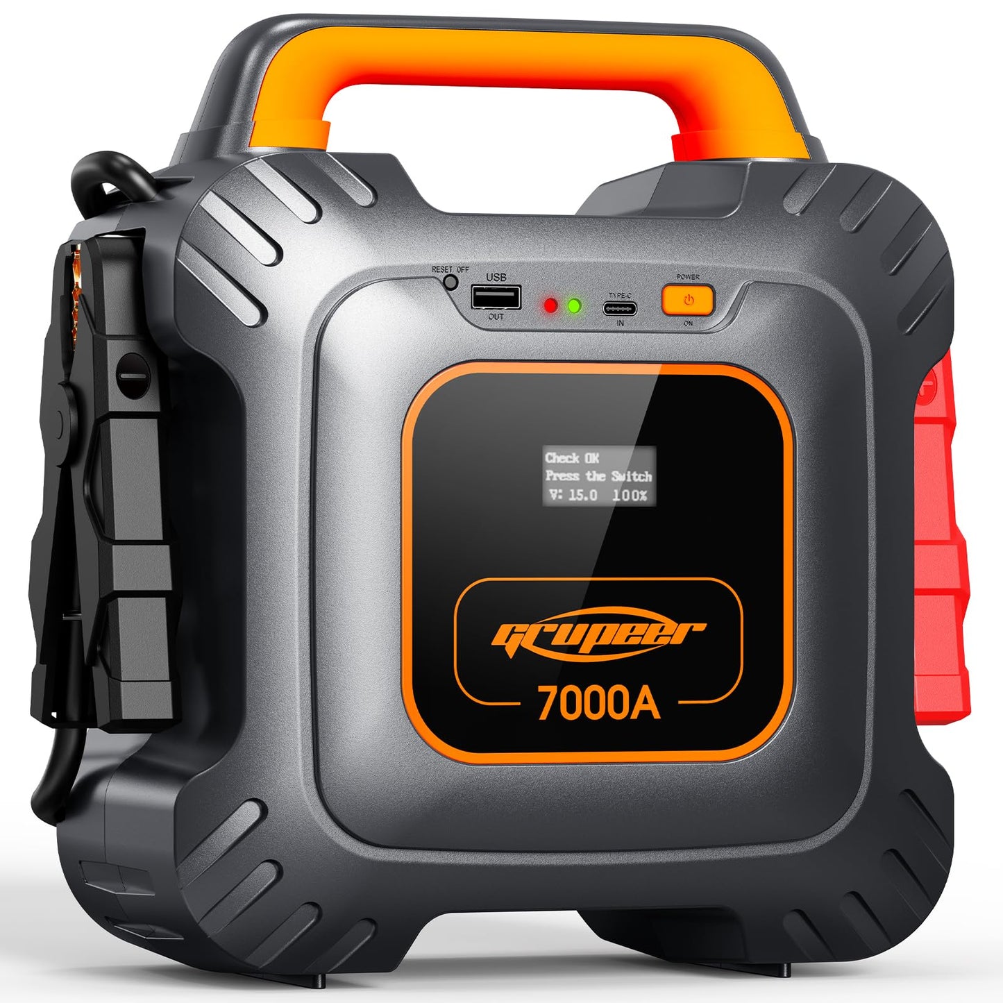 Grupeer GR7 7000Amp Jump Starter Powered by 6 * 3000F Super Capacitors, Batteryless Portable Jump Box, SuperSafe 12V Car Battery Booster Pack, Portable Charger and Jumper Cables for All 12V Car
