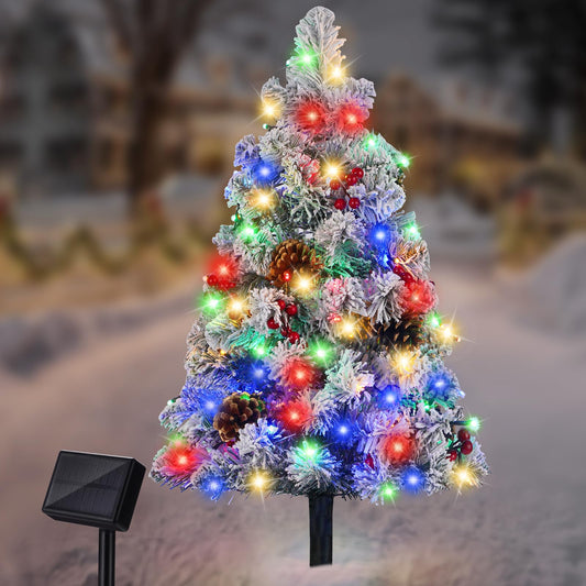 Brightever 3Ft Solar Outdoor Christmas Tree  68Led Snow Flocked Solar Cemetery Christmas Decorations With 8 Lighting Modes  Pine Cones  Berries  Xmas Outside Decor For Grave Pathway Patio  Multicolor
