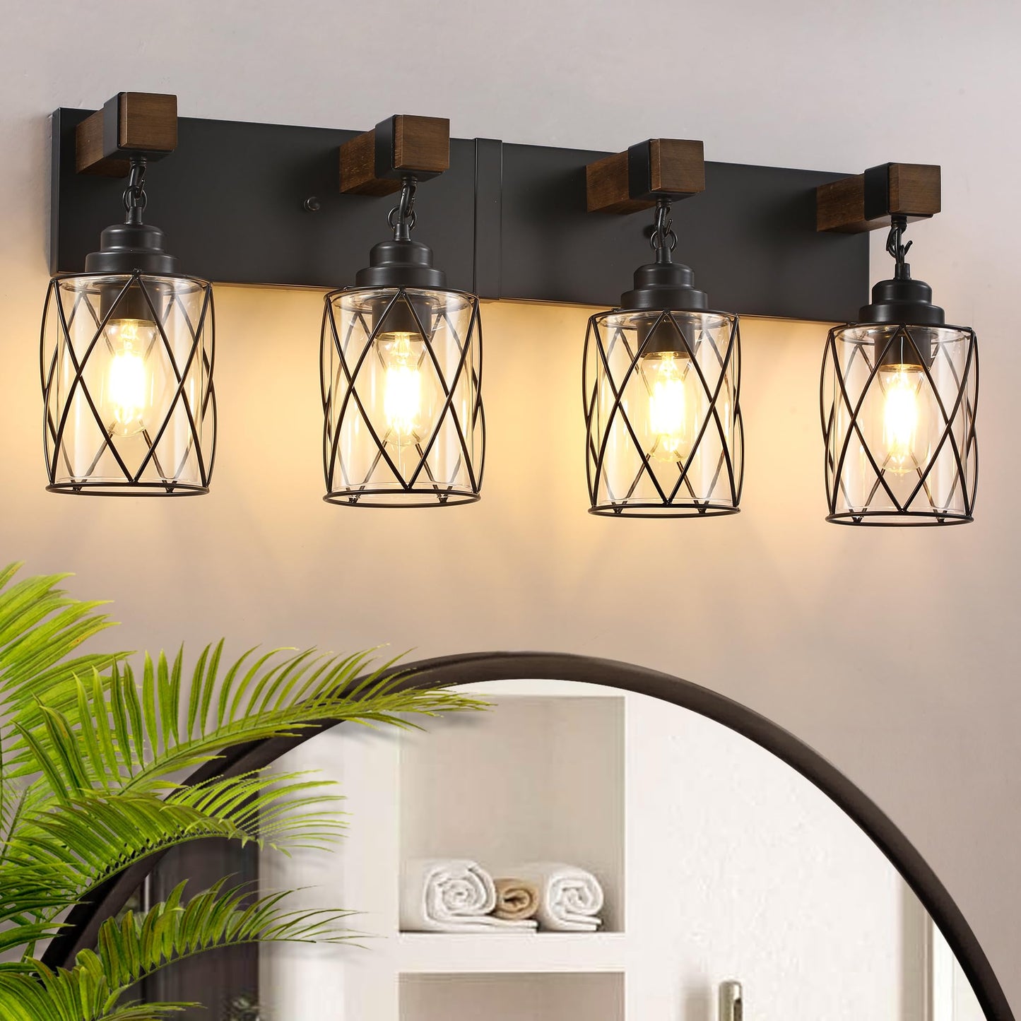 Farmhouse Bathroom Light Fixtures  4 Light Bathroom Vanity Light With Metal And Glass Lampshade  Wood Rustic Lighting Fixtures Over Mirror  Black Wall Sconces For Living Room  Bedroom