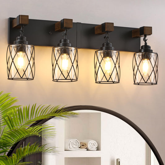 Farmhouse Bathroom Light Fixtures  4 Light Bathroom Vanity Light With Metal And Glass Lampshade  Wood Rustic Lighting Fixtures Over Mirror  Black Wall Sconces For Living Room  Bedroom