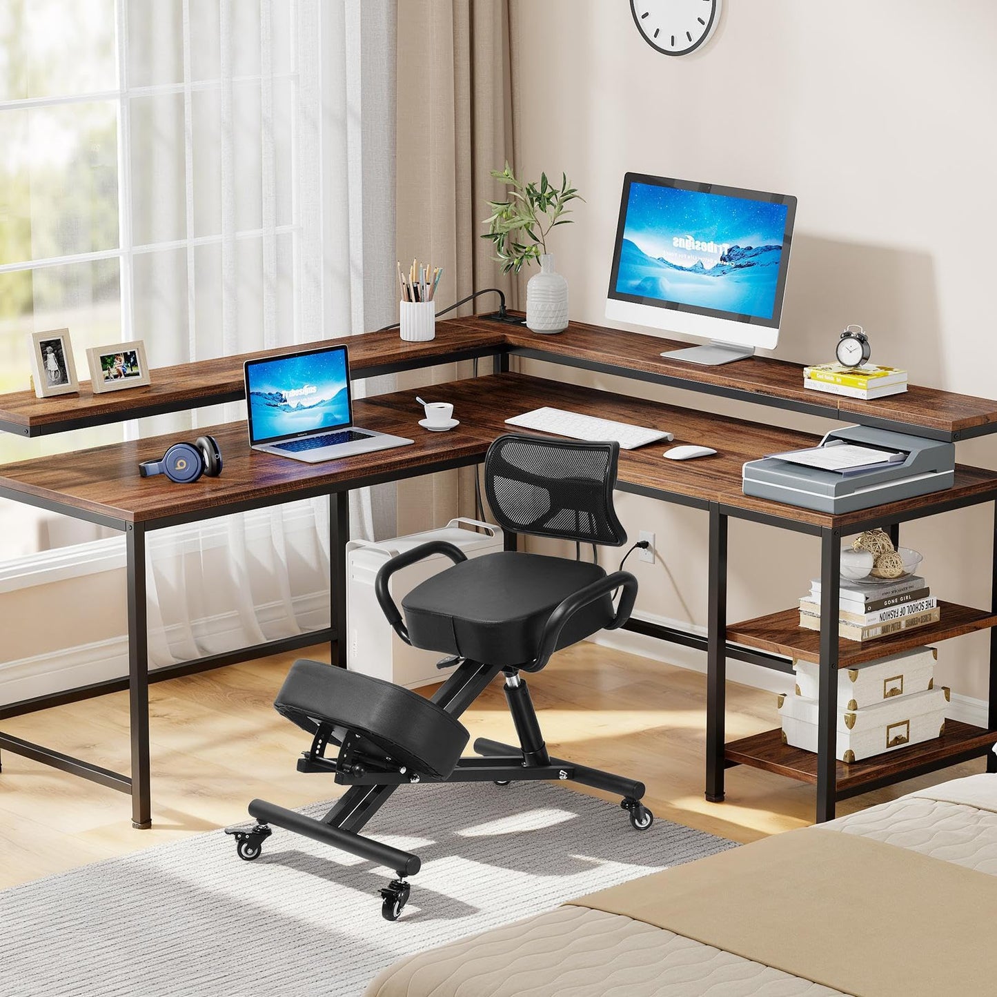 Ergonomic Kneeling Chair with Back Support, Height Adjustable Stool for Home and Office, PU Kneeling Chair for Desk to Relieve Back Discomfort, Thick Moulded Foam Cushions Brake Casters