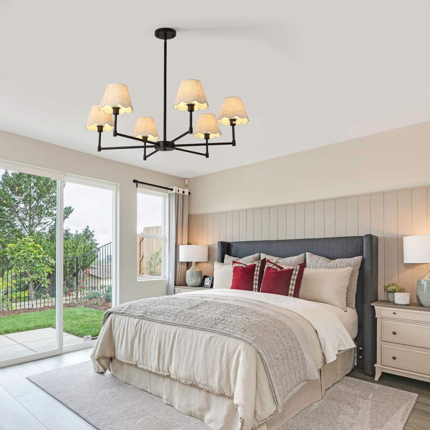 Zxfdwb 6-Light Black Chandelier With White Linen Shades  37.5Modern Pendant Light Fixture For Dining Room  E12 Base  Height Adjustable  Living Room Bedroom Hallway Ceiling Lighting