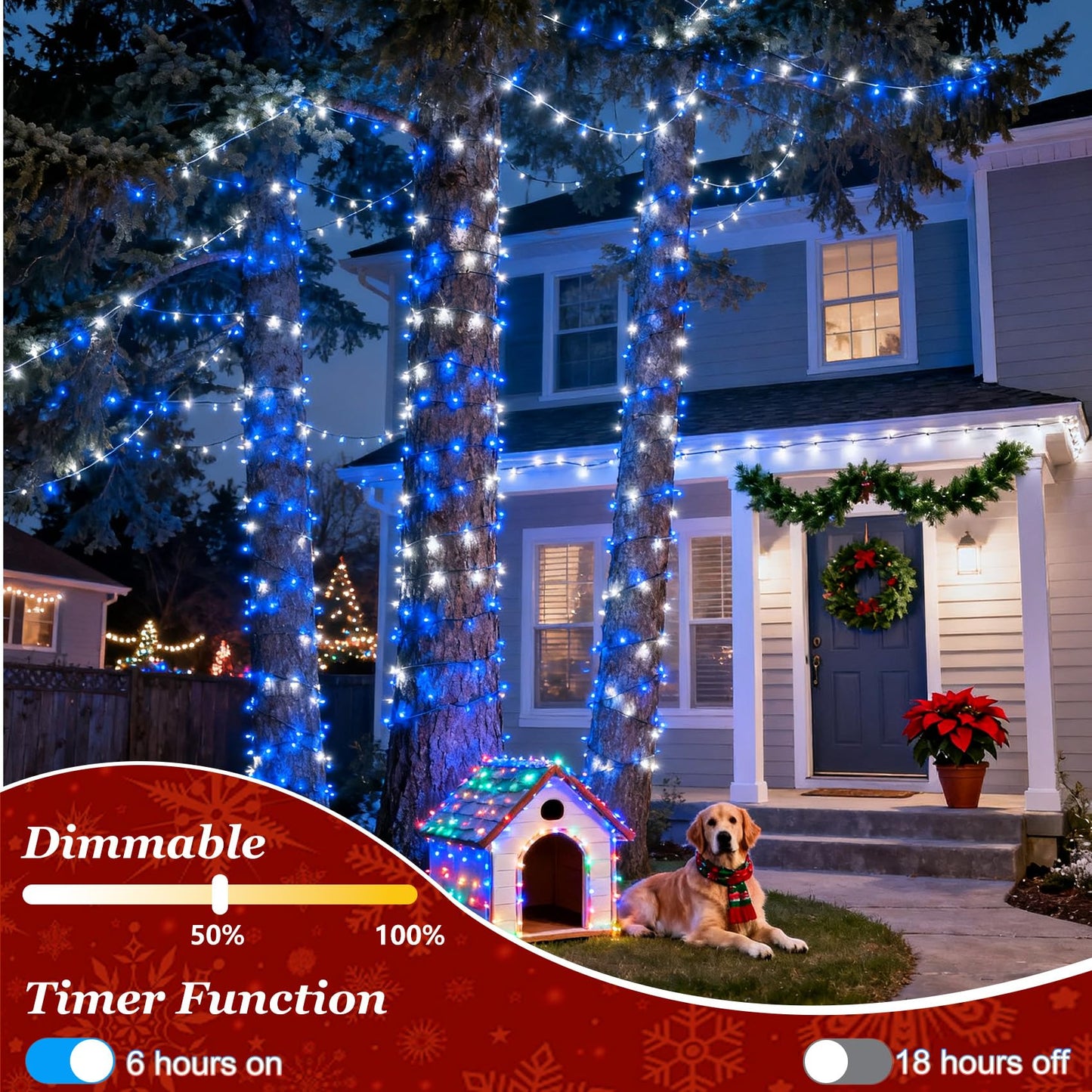 1500 Led 470Ft Christmas Lights Outdoor  Christmas String Fairy Lights With Timer & Memory  Waterproof 12 Modes Dimmable Twinkle Tree Lights For Home Patio Wedding Party Yard Xmas Decor  Blue & White