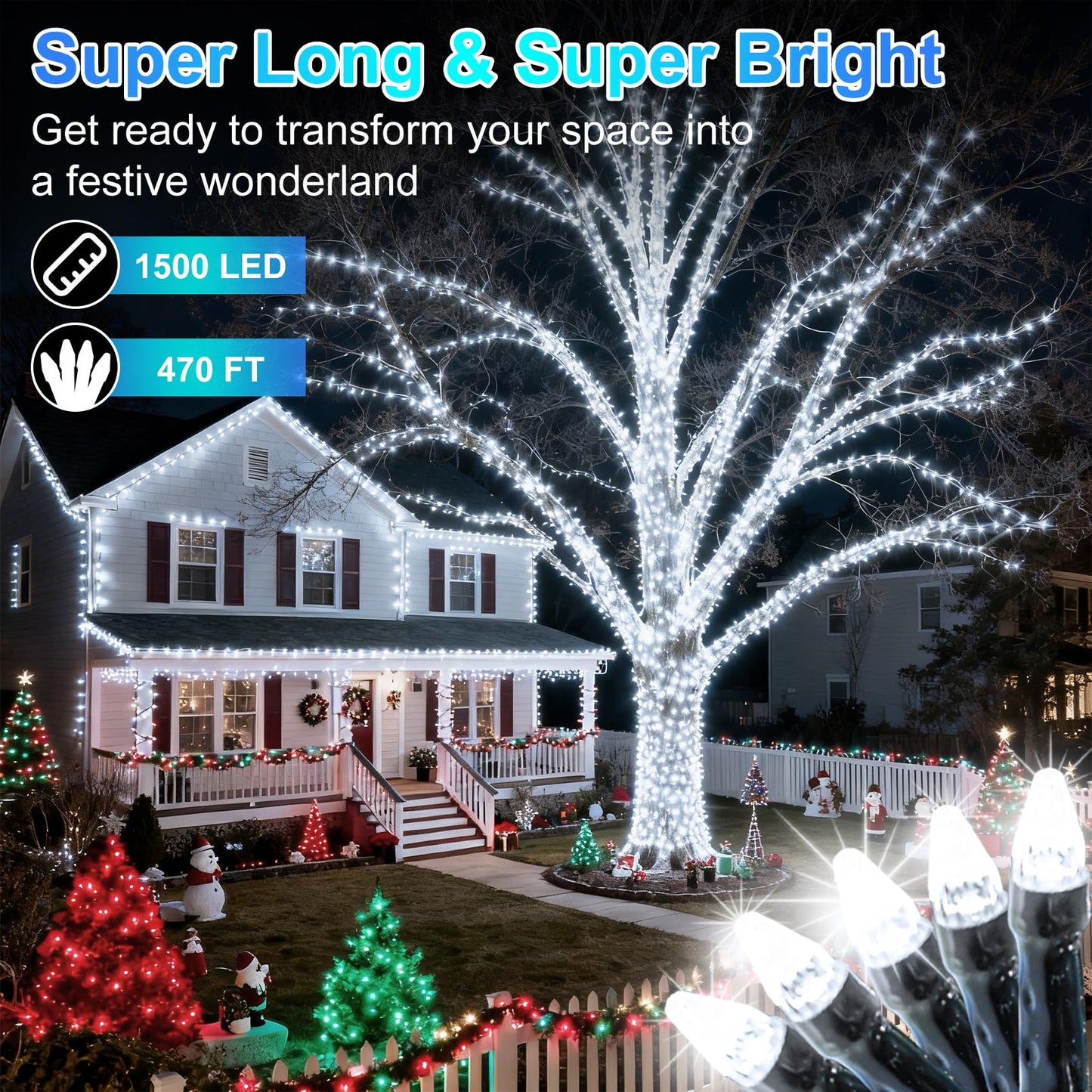 1500 Led 470Ft Christmas String Lights  12 Modes And Timer Memory Dimmable  Plug In Outdoor Waterproof Dark Green Wire Twinkle Fairy Light For For Xmas Yard Tree Wedding Party Outside Decor Cool White