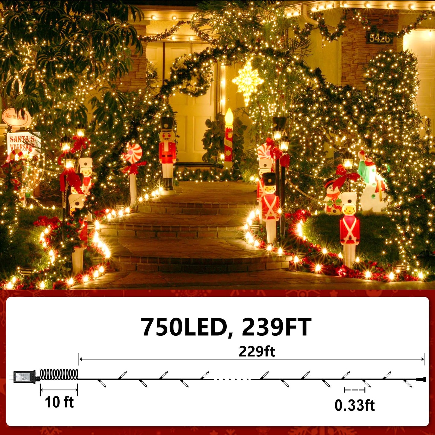 750 Led Christmas String Lights Outdoor  240Ft Twinkle Fairy Lights With Timer & Memory  12 Modes Dimmable Waterproof Tree Light For House Patio Wedding Party Christmas Decororations  Warm White