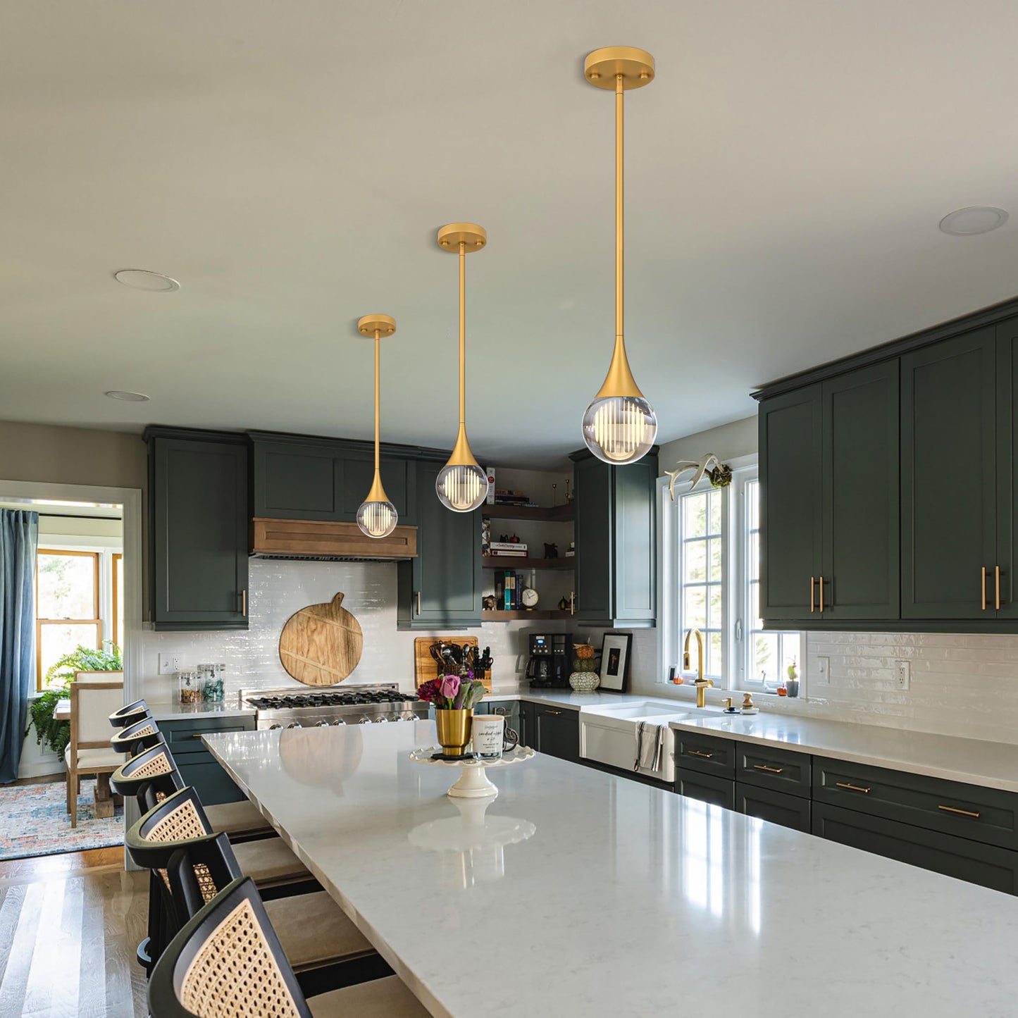 3-Pendant Lights Kitchen Island  discomfort-reducingted Gold Globe Crystal Ceiling Hanging Light Fxitures  Led Light Fixtures Metal Rod Ceiling Glass Pendant Lighting For Kitchen Island Dining Room Bar