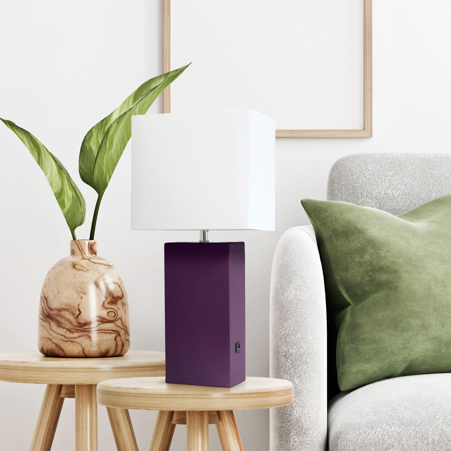 LALIA HOME Lexington 21in Leather Base Bedside Table Lamp, USB Charging Port, Eggplant Purple, Model LHT-3012