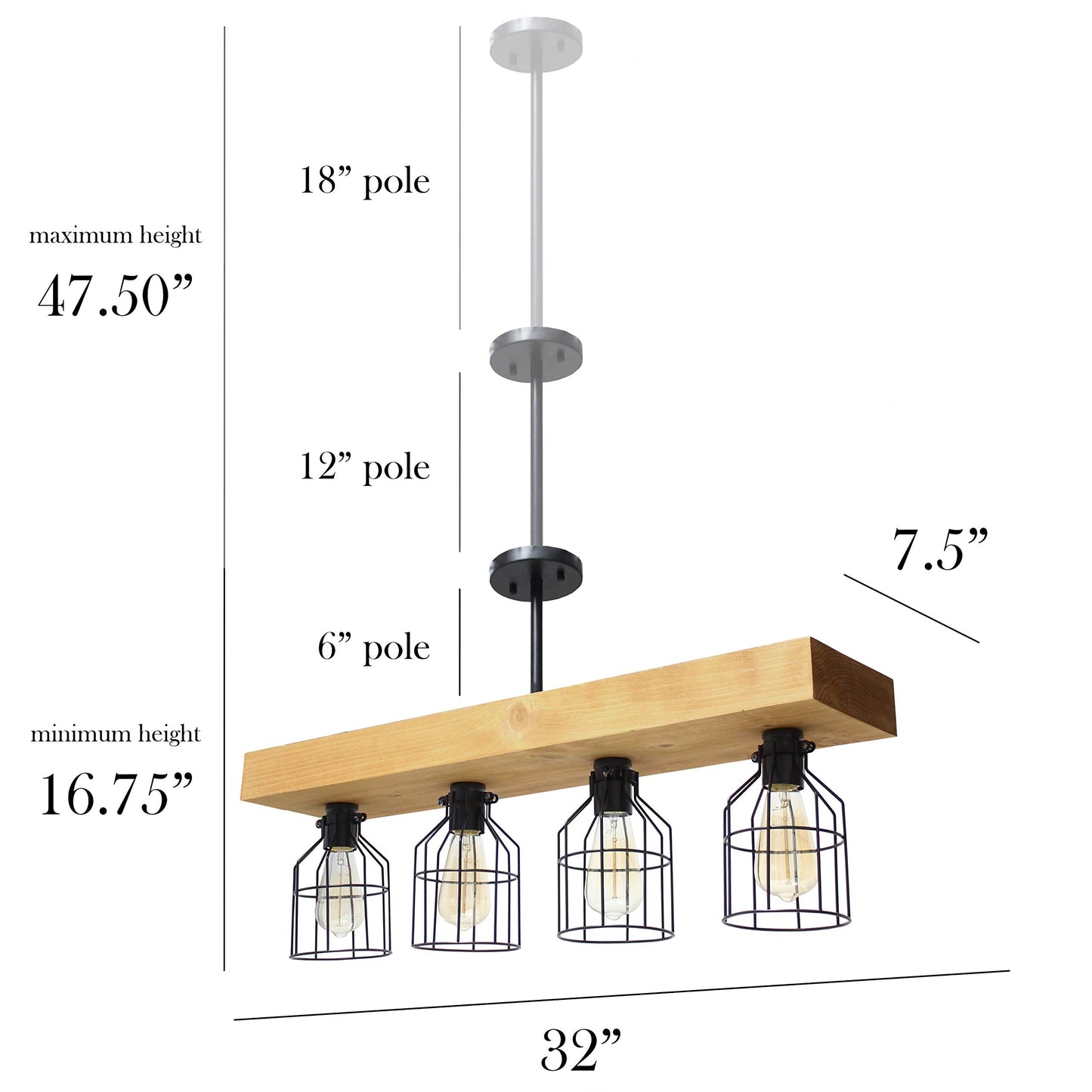 Elegant Designs CH1001-LWD 4 Light Rustic Farmhouse Pendant Light Chandelier, Wood, Light Wood