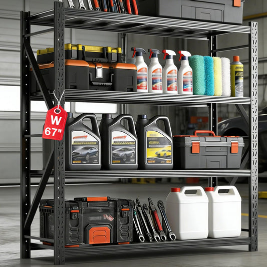 Jaqiumn Metal Garage Shelving Unit, Heavy Duty Adjustable Industrial Storage Shelves, Steel Storage Rack for Garage, Warehouse, Basement, Black, 64.6" H x 67" W x 21.7" D, 1 Pack