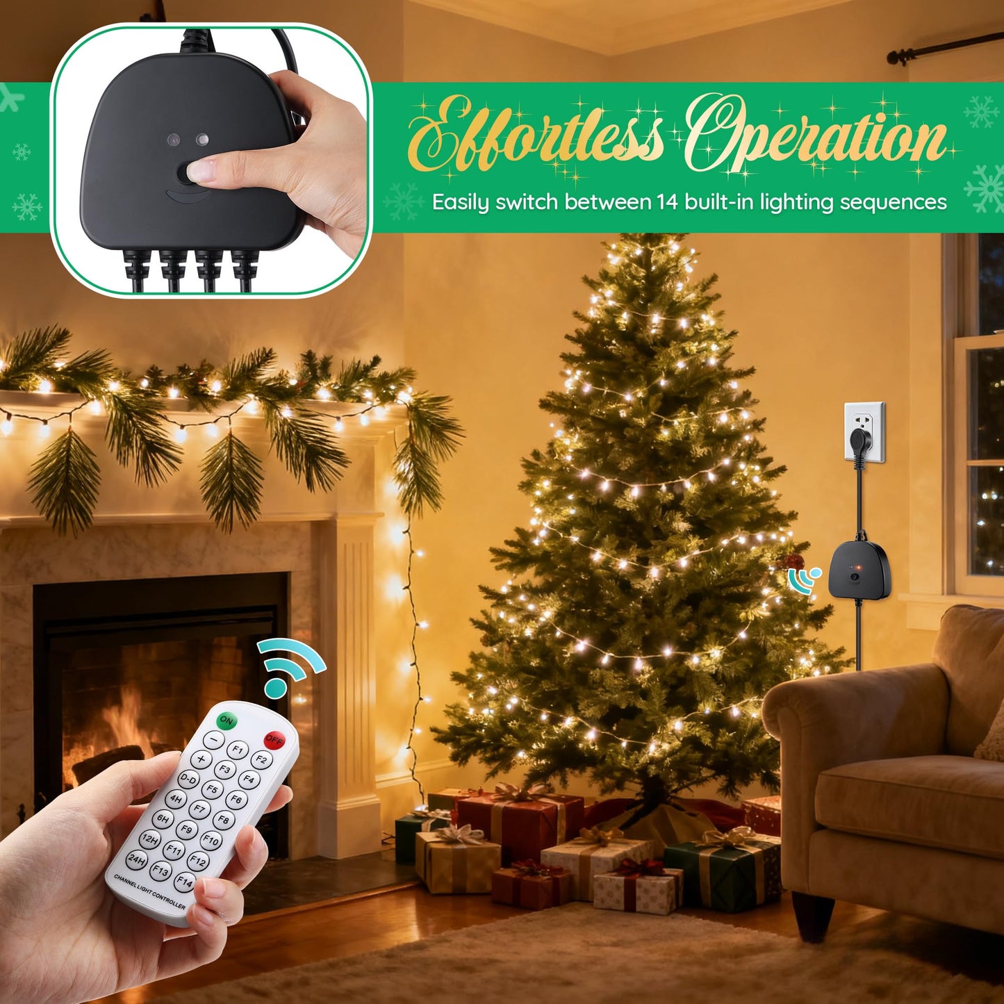 Gulfmew Christmas Light Controller With Remote  Multiple Lighting Effects  Timer  Dusk To Dawn Sensor Control  For Indoor Outdoor Holiday Xmas Lights  Waterproof(4 Channel/14 Functions Black)