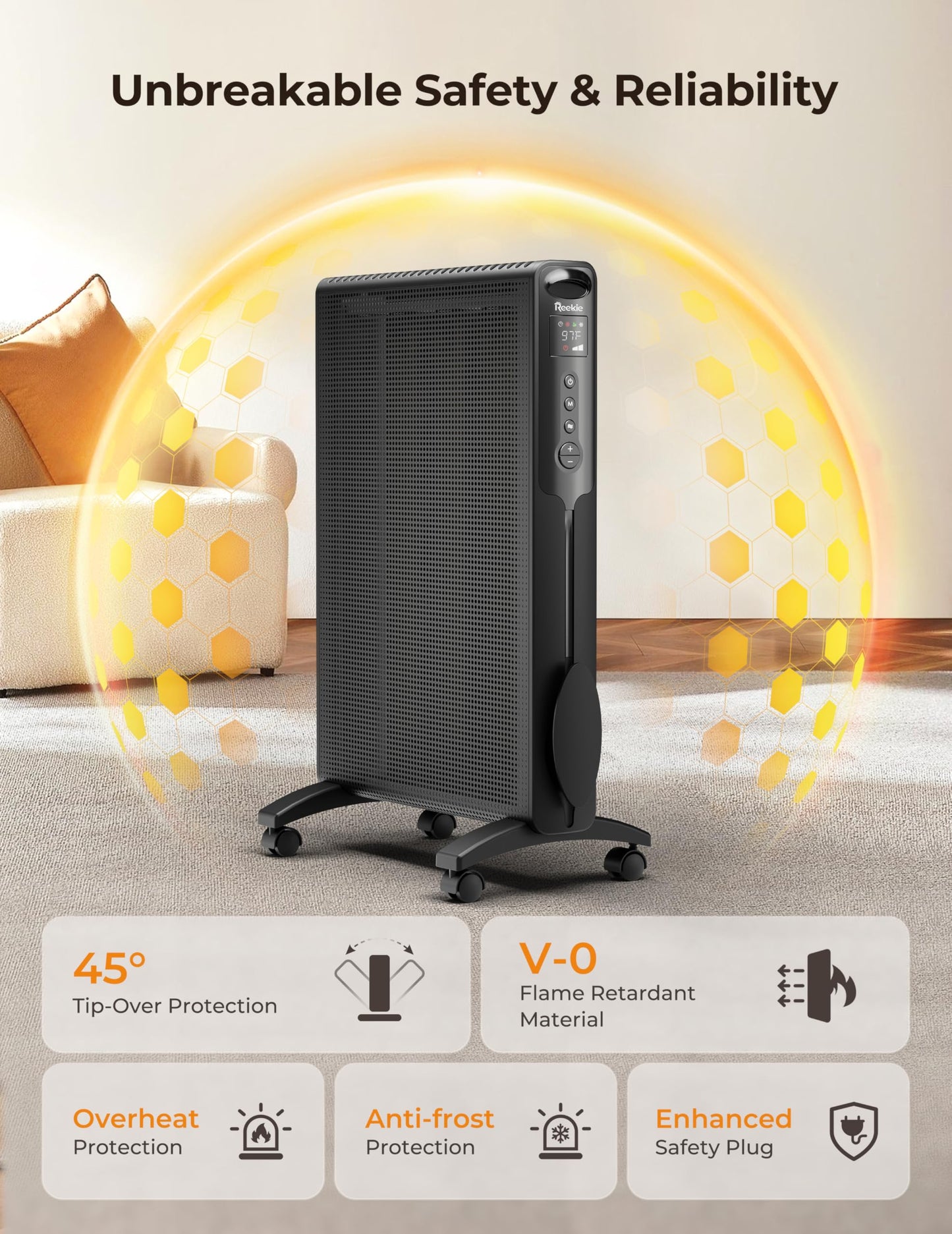 Reekie Convection Panel Space Heater, 1500W Electric Mica Infrared Heaters for Indoor Use Large Room Heater with Smart Thermostat, Remote, 24h Timer, Quite Whole Room Heater for Bedroom Office Garage