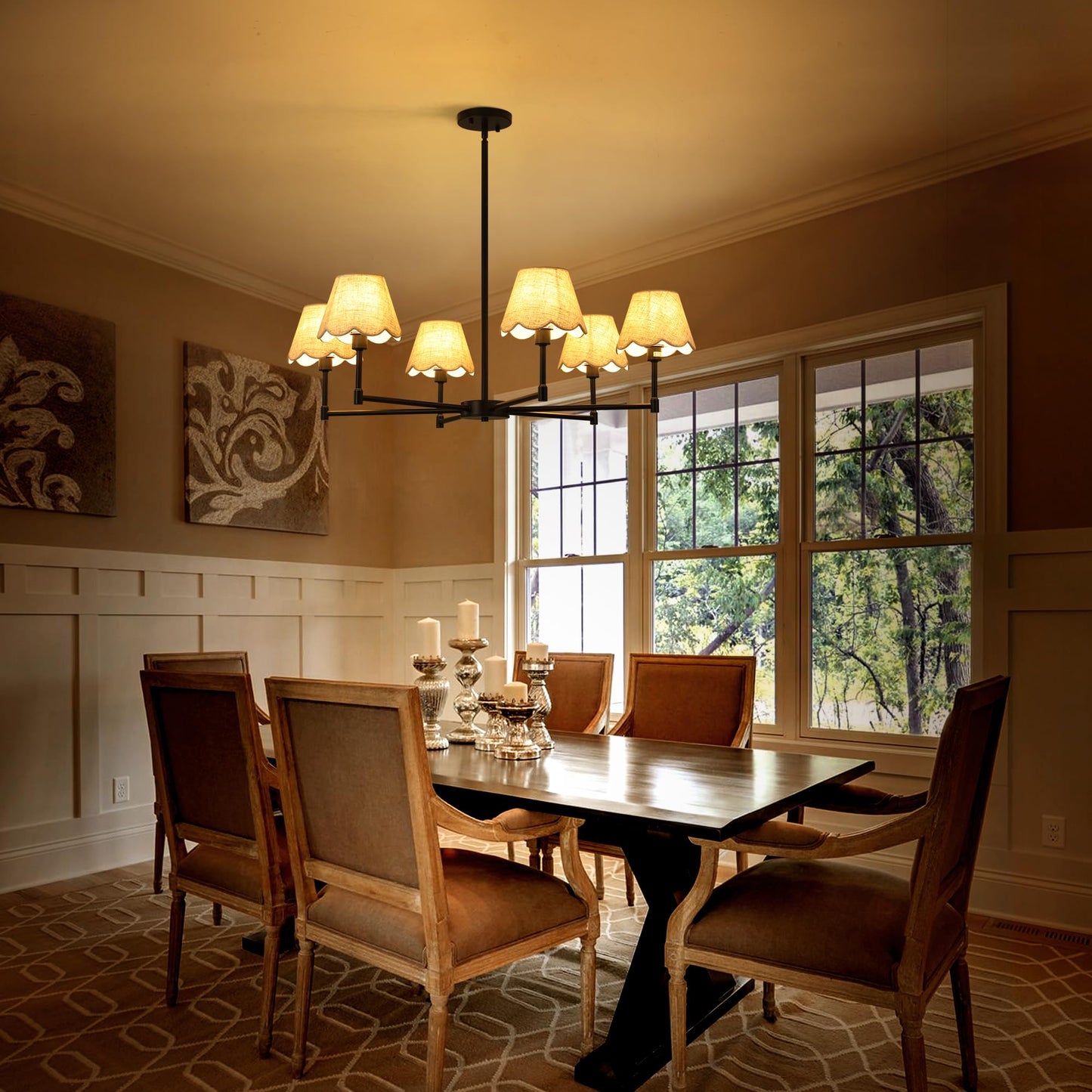Zxfdwb 6-Light Black Chandelier With White Linen Shades  37.5Modern Pendant Light Fixture For Dining Room  E12 Base  Height Adjustable  Living Room Bedroom Hallway Ceiling Lighting