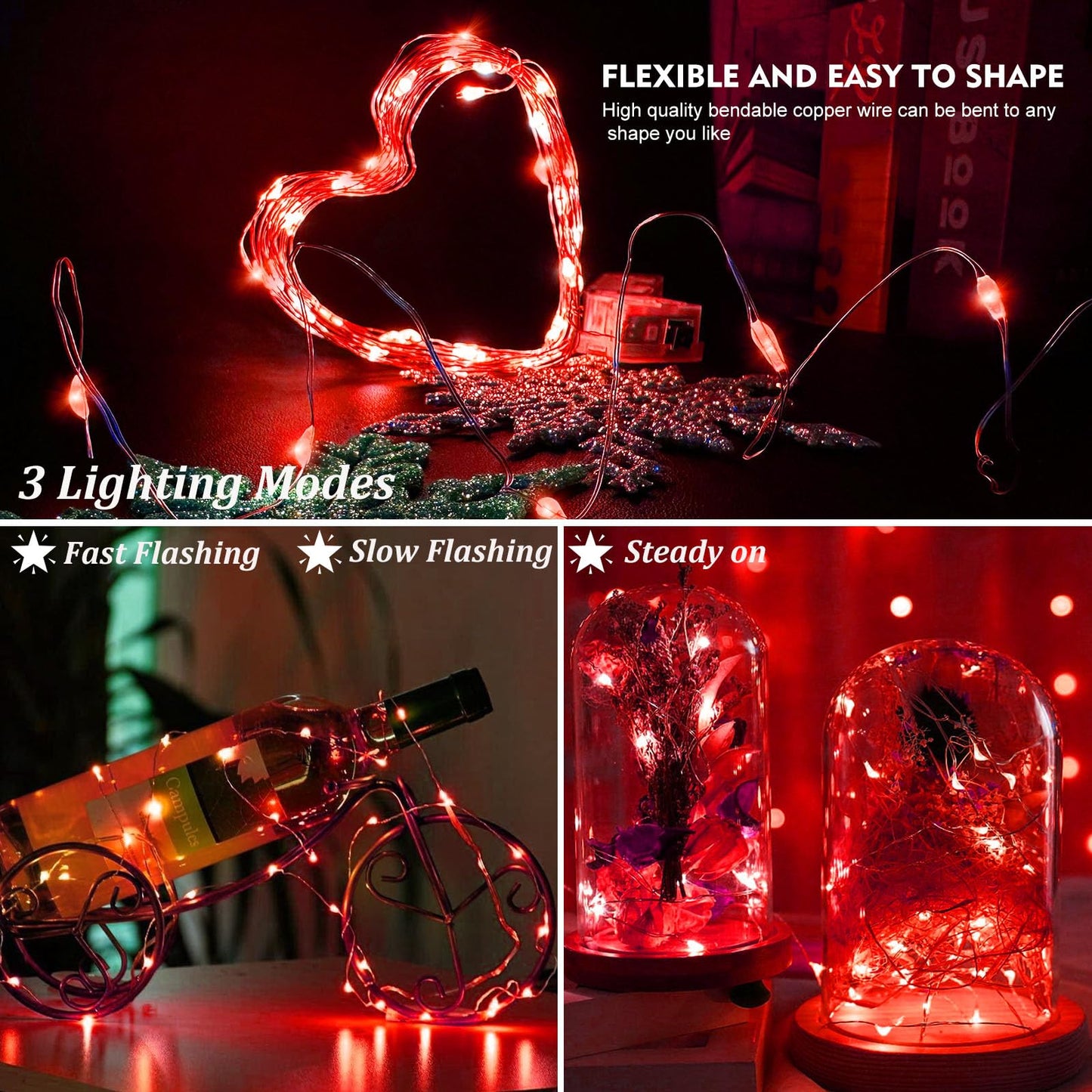 Aikei 100 Pack Led Fairy Lights Battery Operated  Mini String Lights Waterproof 7Ft 20 Led Firefly Starry Lighting 3 Modes For Wedding Party Bedroom Halloween Valentines Christmas Decoration Red