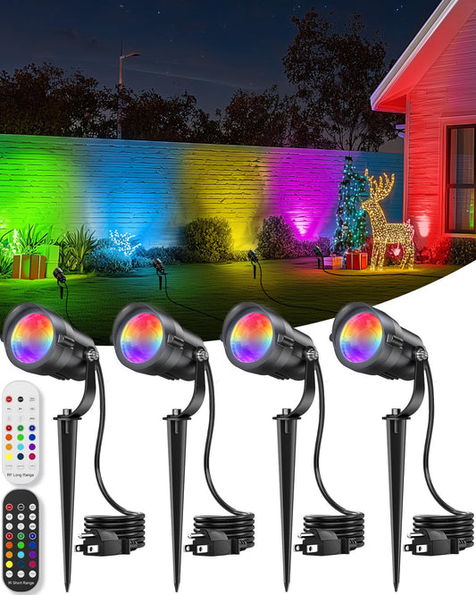 Hiboitec 12W Christmas Spotlight Outdoor With Remote Plug Timer Color Changing 120V Landscape Lighting Waterproof Dimmable Led Spot Light For Yard Christmas Outside House Garden Tree Decoration 4Pack