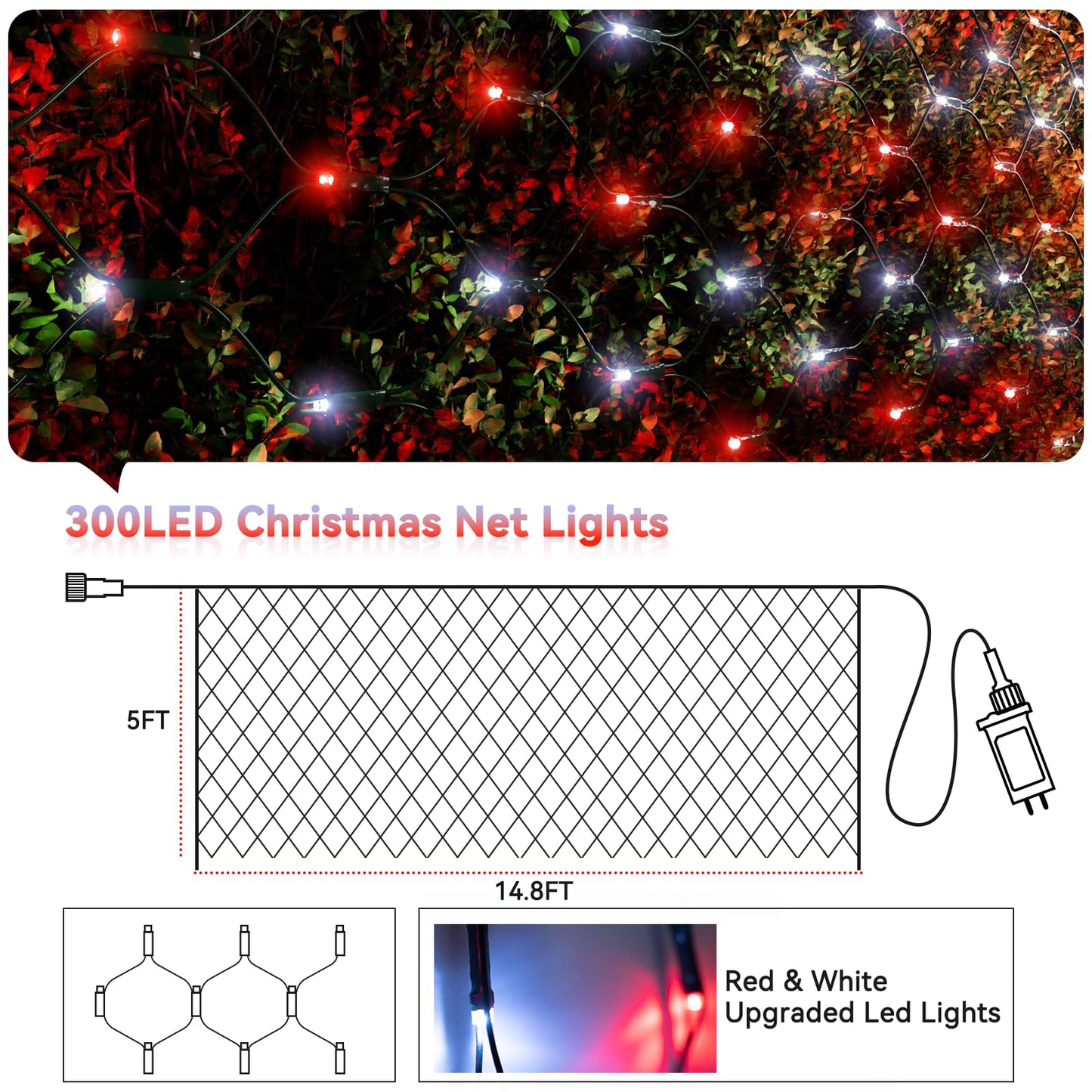 Lithome 14.8Ft X 5Ft Christmas Net Lights Outdoor  300 Led Red White Bush Lights With 8 Modes  Connectable Waterproof Net Mesh Light Dark Green Wire For Bushes Shrubs Outdoor Christmas Holiday Decor