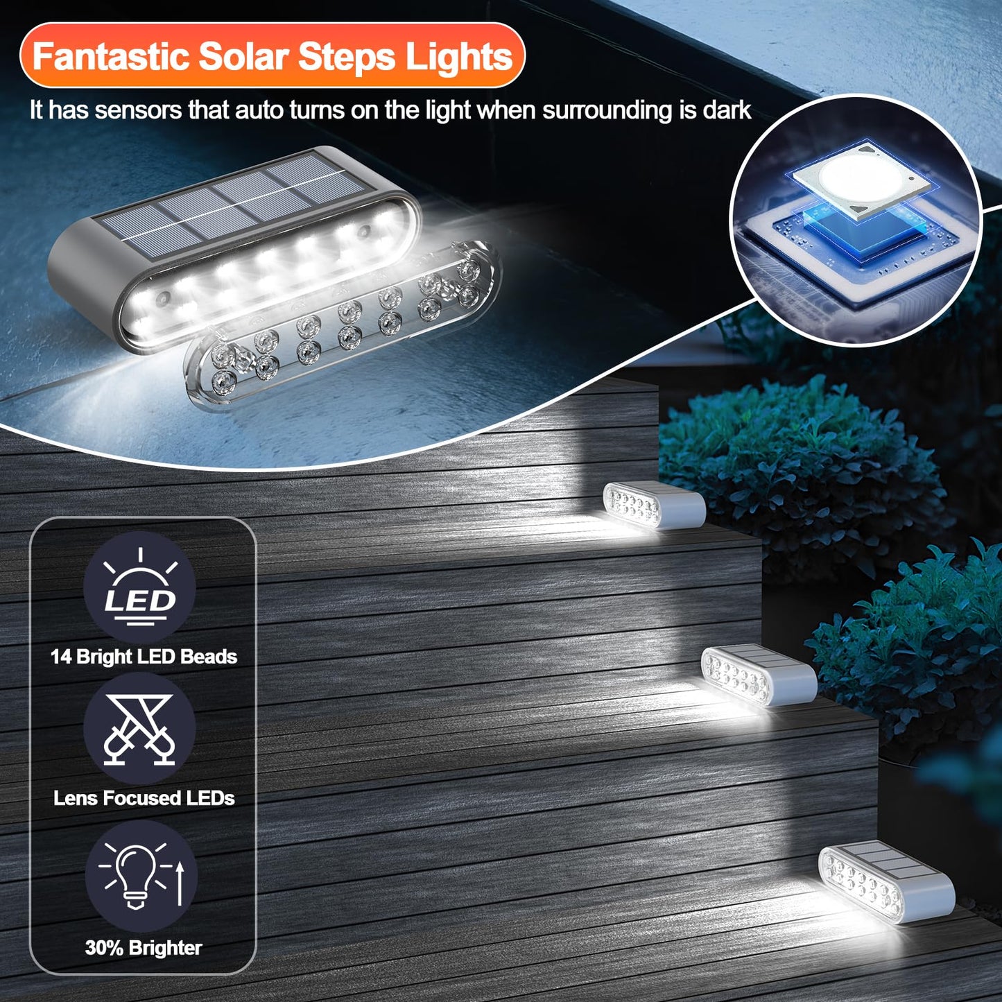 Xillumi Core Solar Step Lights For Outside  8-Pack Stair Light Outdoor Waterproof Ip67  14 Led Cool White Light Solar Powered Lighting For Steps  Stairs  Deck  Patio  Walkway  Front Porch Decor