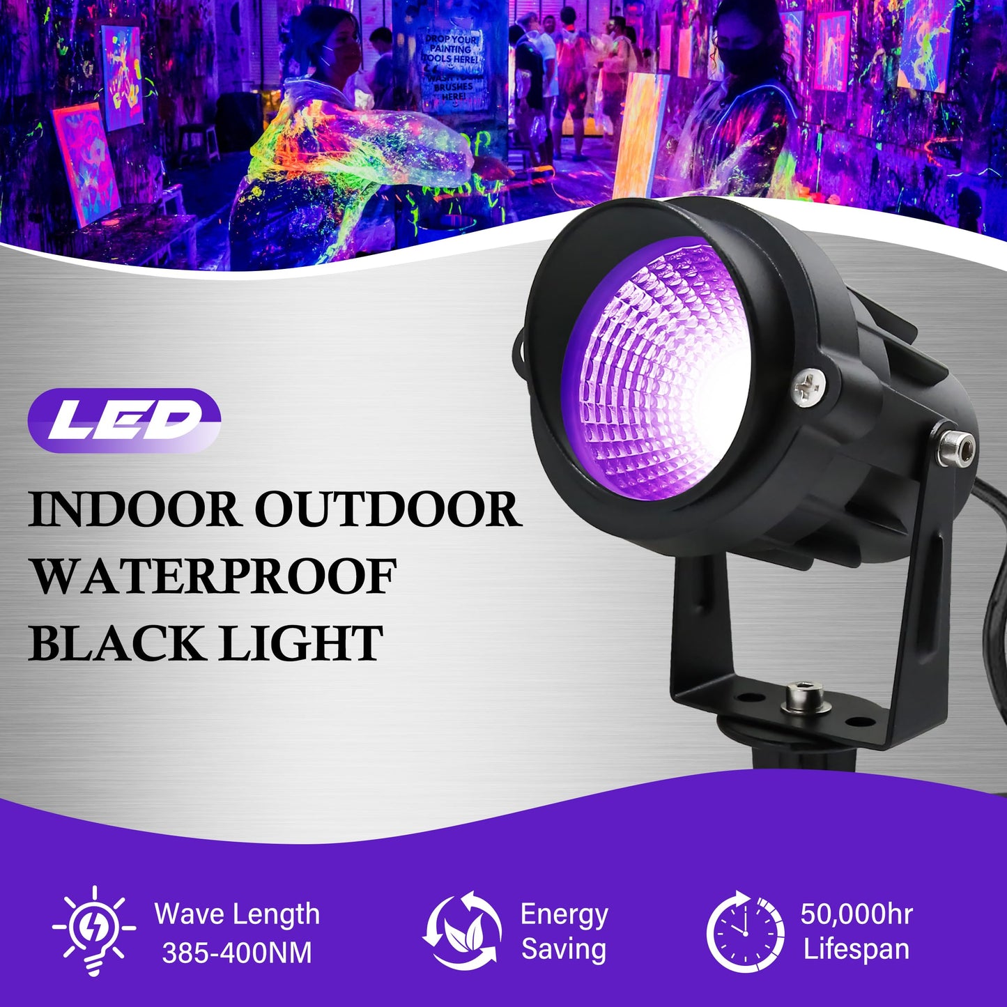 Qeeanmo Halloween Outdoor Blacklight Spotlight 12W Outdoor Black Lights For Glow Party Purple Led Landscape Lighting For Yard Garden Poster Bar Decoration 2Pack