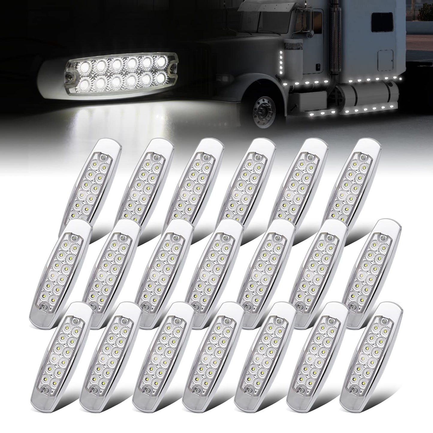 LEDVILLAGE 12 LED Side Marker Lights for Trailer Truck, Waterproof, 6.4in x 1.7in x 0.5in, White, Pack of 20