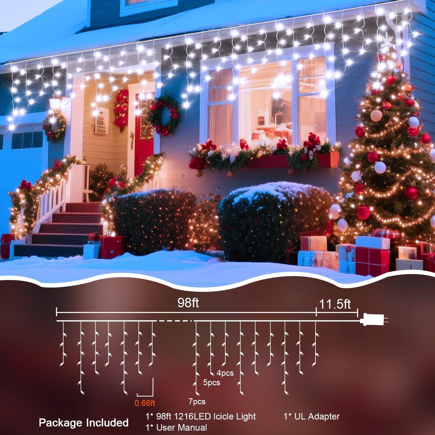 Jdgjyds 98 Ft Ice Lights For Outside  1216 Led Christmas Lights Outdoor Plug In  Christmas String Lights With 8 Modes & Timer For Holiday  Party  Wedding  House  Patio  Outdoor Decor(Cool White)