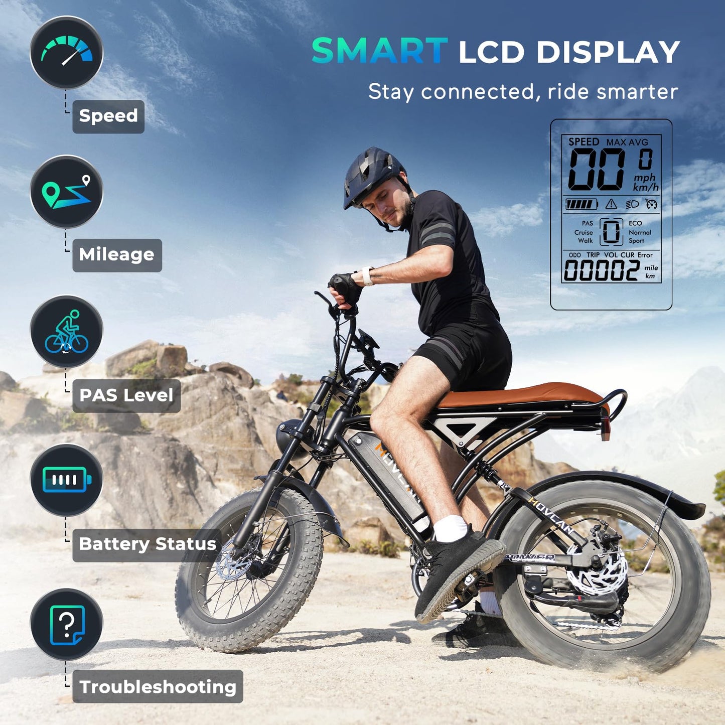 Movcan V60/V60 Pro Electric Bike, 48V 15.6/18.2Ah Removable Battery 20” Fat Tire Electric Bike, 1000/1500W Motor 30/33MPH Top Speed Electric Motorcycle, for Commute/Offroad/School/Rain/Snow Riding.