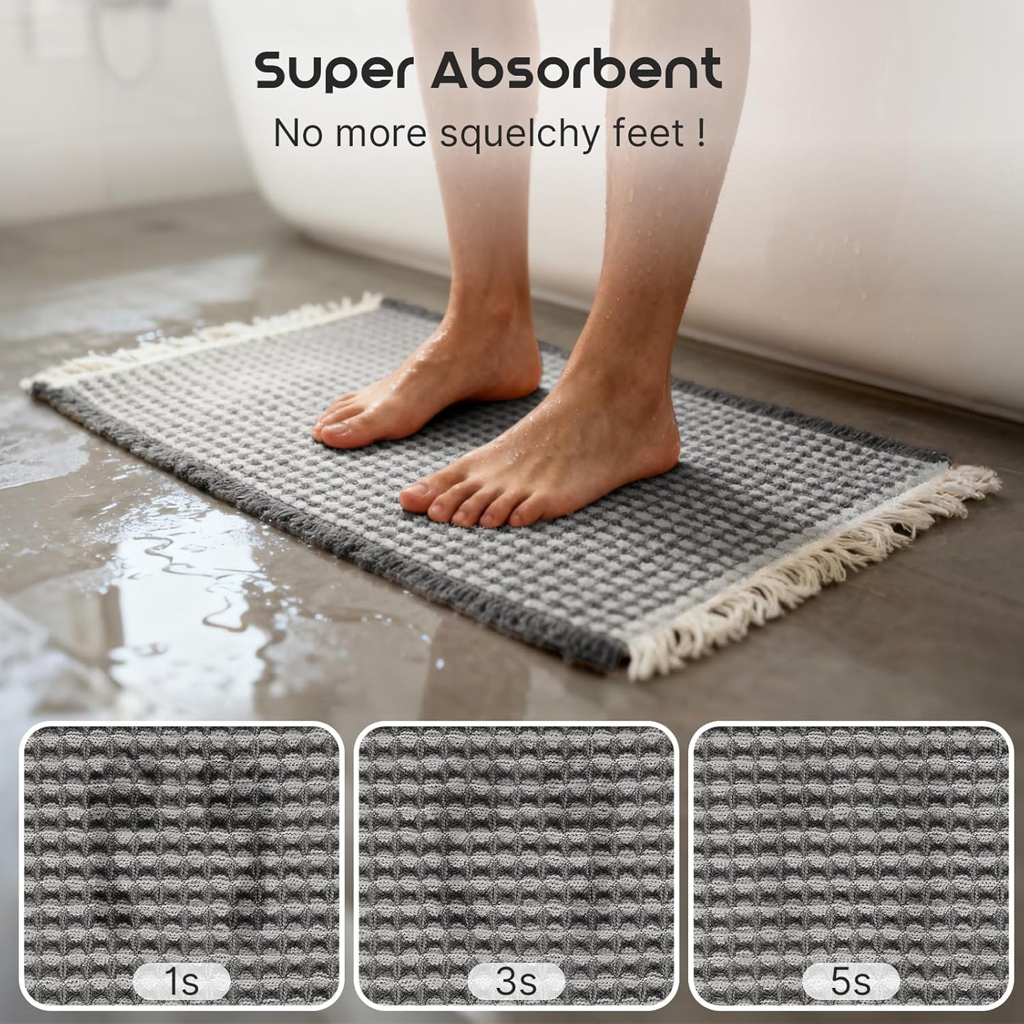 ArtyCozy Waffle Bath Mat, Super Absorbent Soft Non-Slip Boho Bath Rugs with Flat-Woven Hot Glue Backing for Bathroom, Machine Washable Bath Mats, 17" × 24", Grey & White