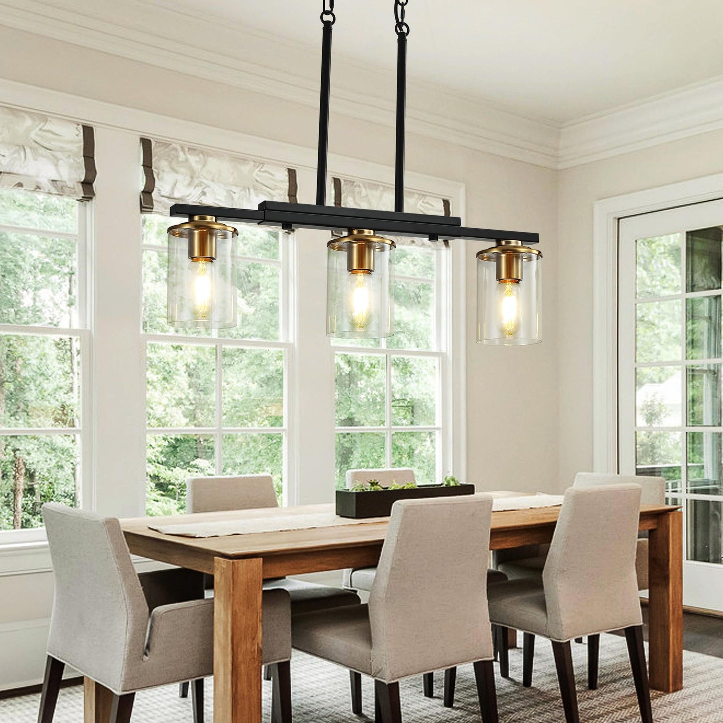 Xvmbvm 3-Light Kitchen Island Lighting Dining Room Lights Modern Farmhouse Chandelier With Clear Glass Shade Modern Rustic Black And Gold Metal Chandelier  Kitchen Pendant Light Fixtures Over Table