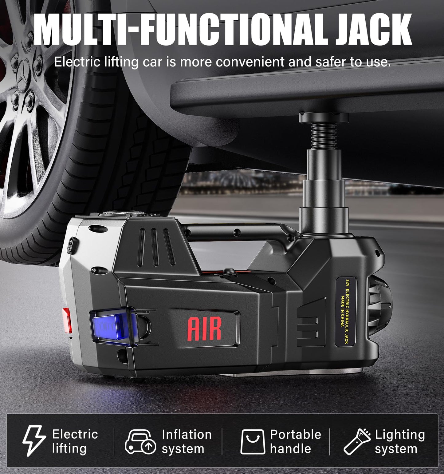 5 Ton Electric Hydraulic Car Jack Kit 12V Lift Range 17.7 Inch with Impact Wrench & Tire Inflator, Heavy Duty Floor Jack for SUV Truck Sedan, Portable Auto Lifting Tool for Emergency Tire Change