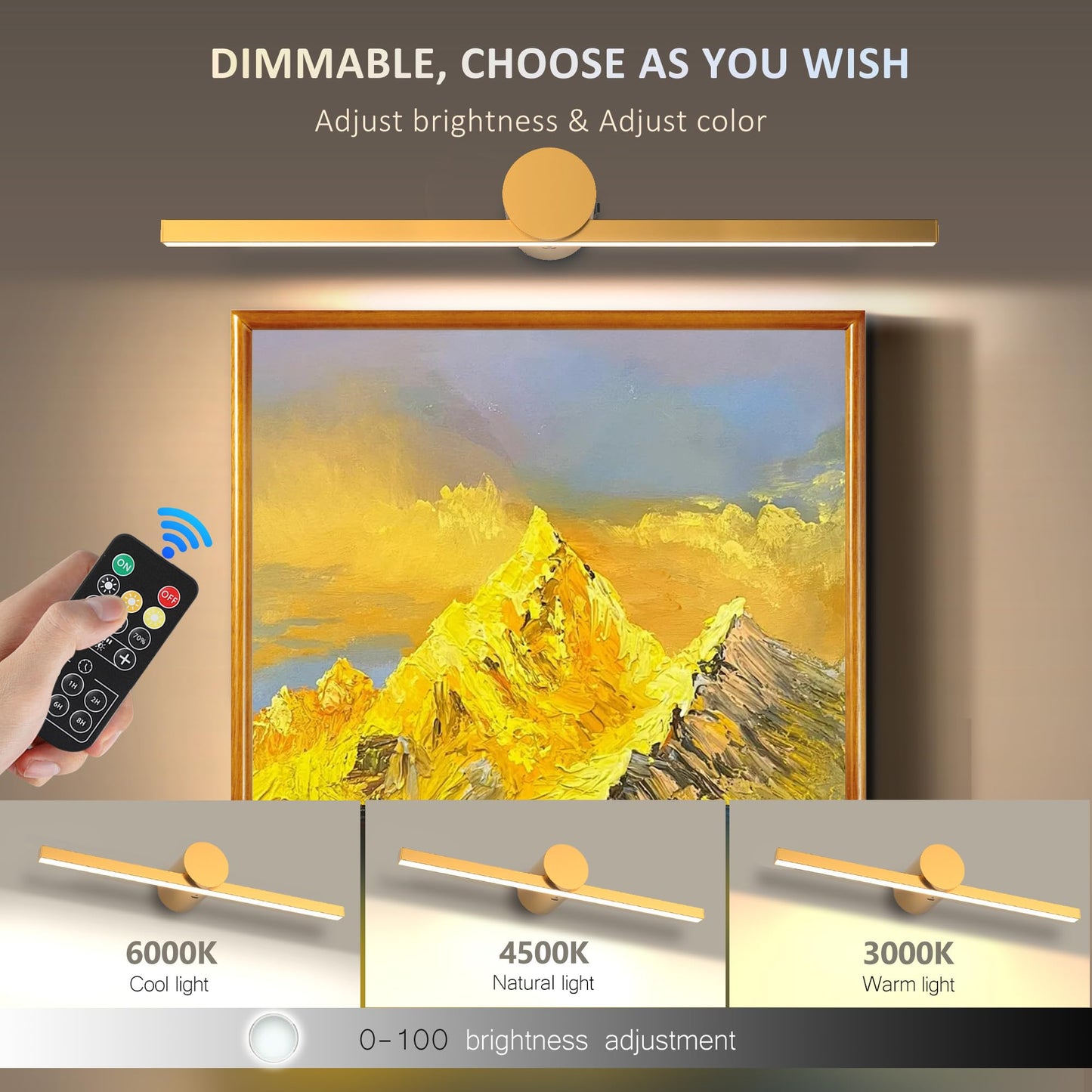 Zitostory Battery Operated Picture Light For Wall With Remote Minimalism Wireless Dimmable Art Lights For discomfort-reducingtings Rechargeable Gallery Light Artwork Lighting For Canvas  Portrait (Gold 23 Inch)