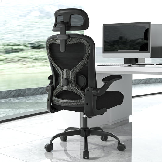CASASIO Office Chair for Back & Neck Pain Relief, Virgin Foam Seat, 2D Adjustable Lumbar & 3D Headrest, Flip-Up Armrests, Tilt & Rock for Relaxation, Black/Carbon Fiber