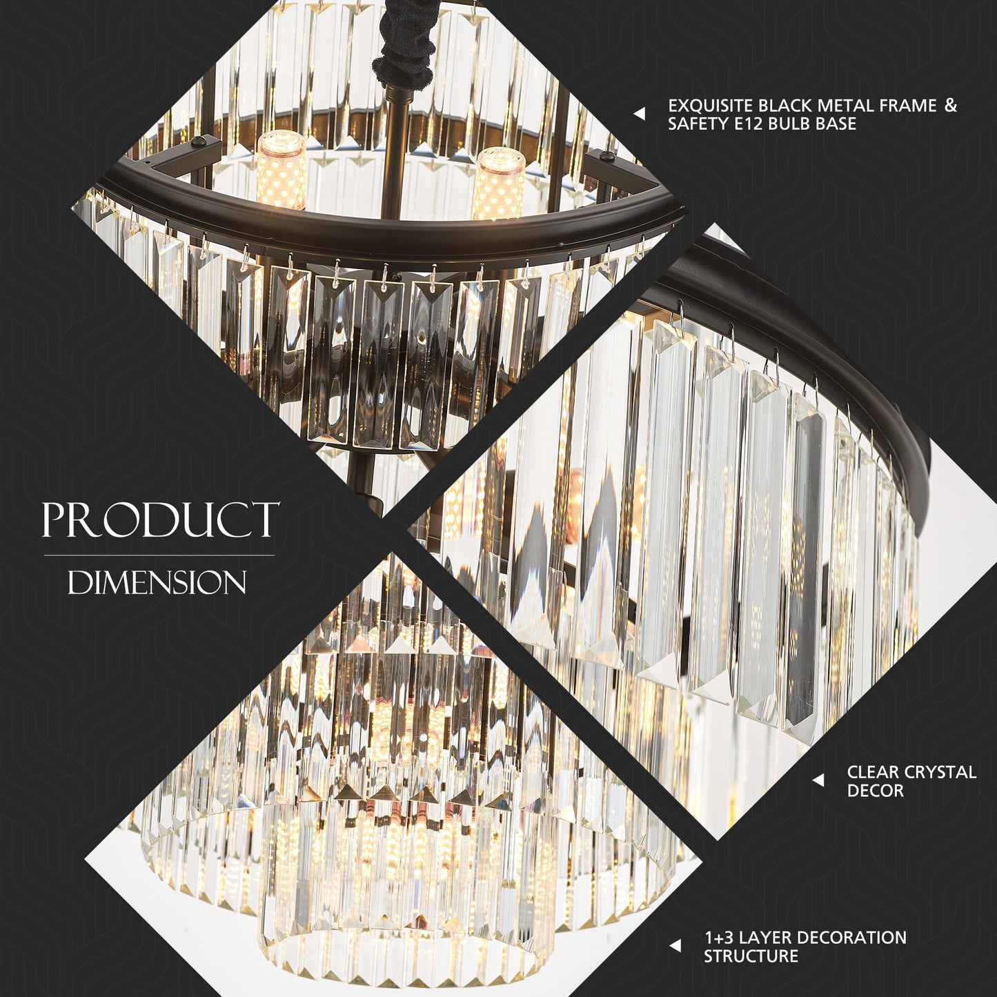 Brfaixla 21.6 14-Light Modern Crystal Chandelier Light Fixtures 4-Tier Black stylish Chandeliers For Dining Room Round Hanging Pendant Lighting For Living Room Kitchen Entryway Bedroom Foyer Hallway