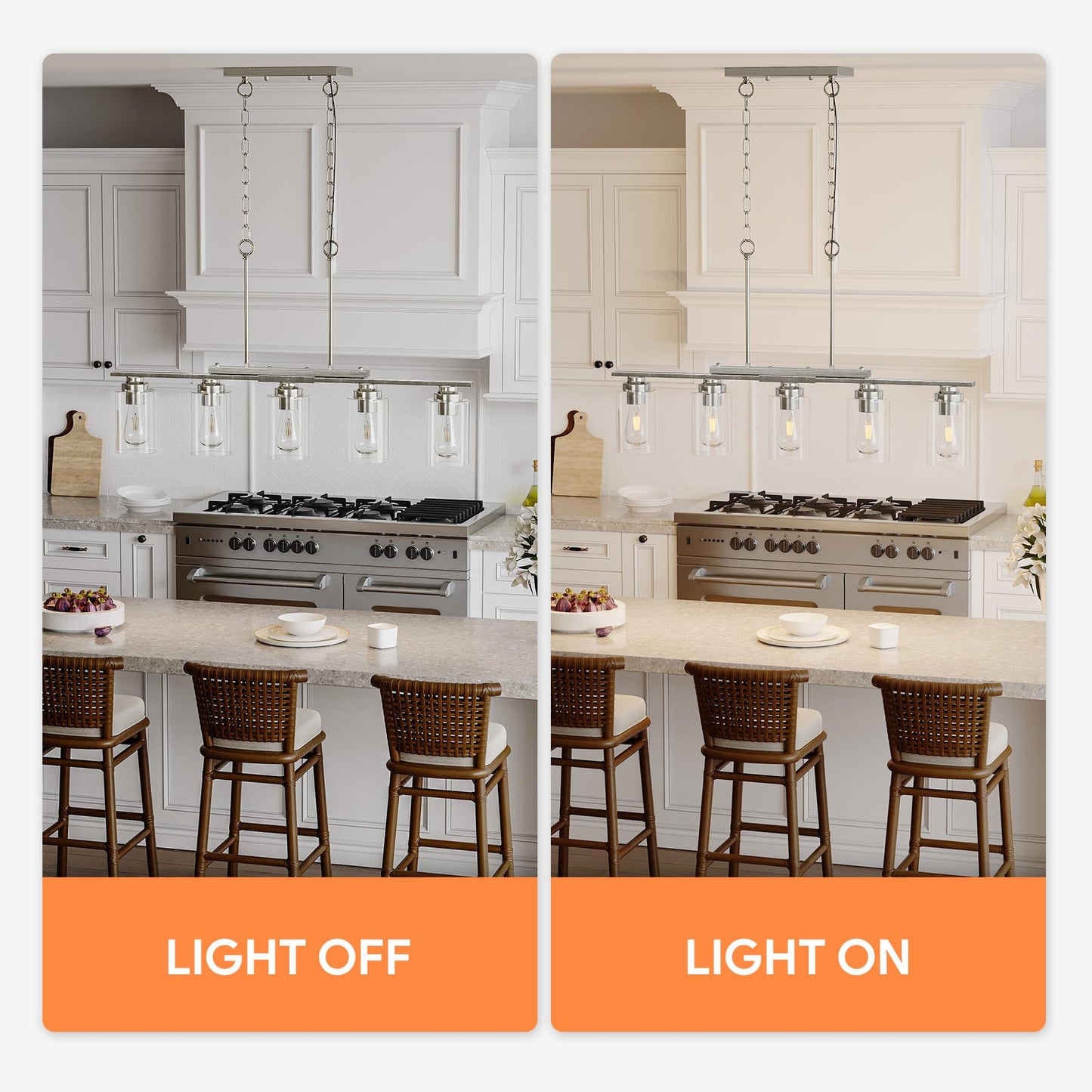 Vonluce Kitchen Island Lighting  5-Light Dining Room Light Fixture Over Table With Glass Shade And Adjustable Rods  Farmhouse Linear Chandelier For Kitchen Island  Brushed Nickel  Etl Certificated