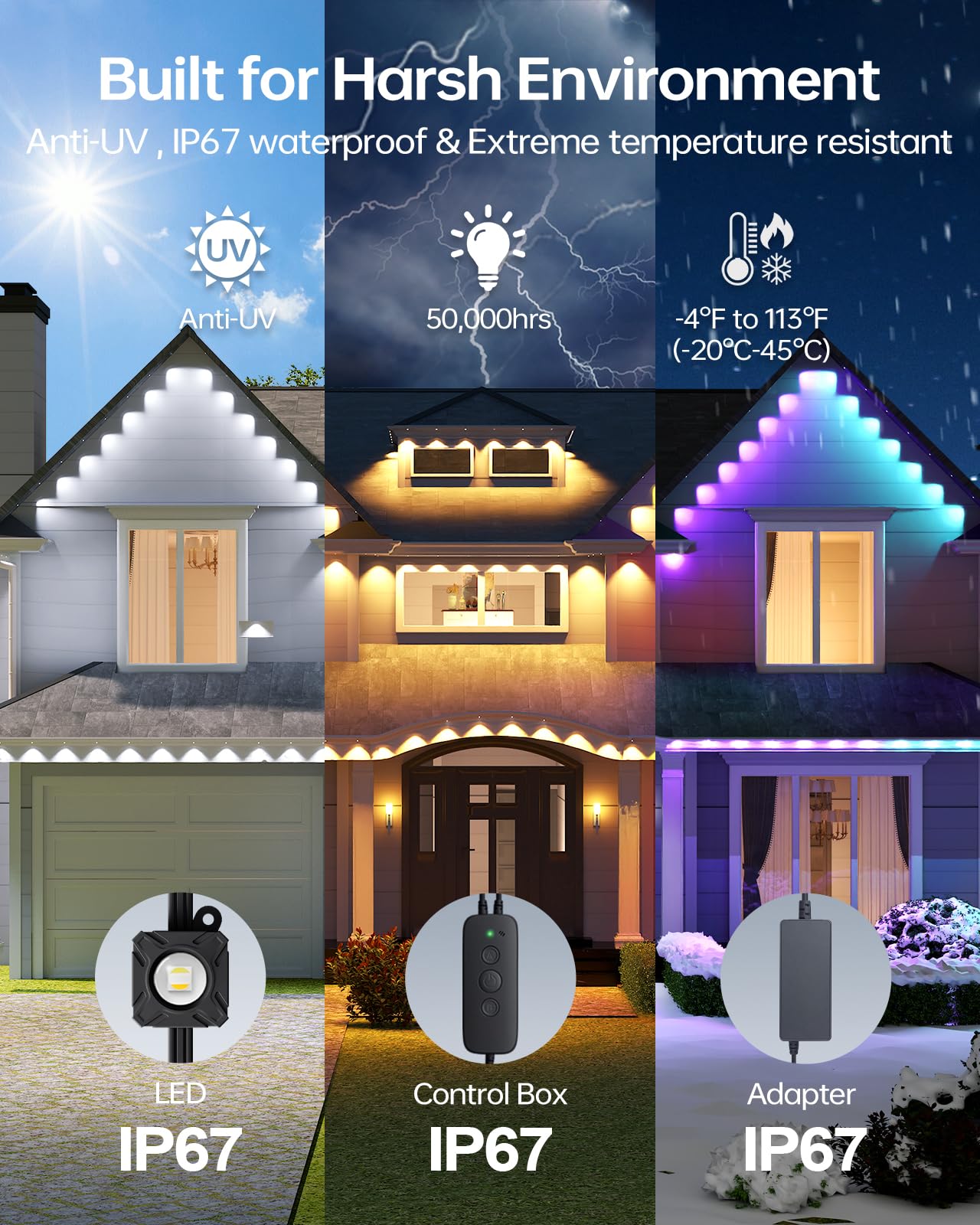 Asahom Permanent Outdoor Light Pro S108B  100Ft With 72 Rgbcw 70Lm Led  Wled Integration  Ai Lighting  30000 Lighting Effect Combination  Ip67 Waterproof For Halloween Christmas And Daily Decor  Black