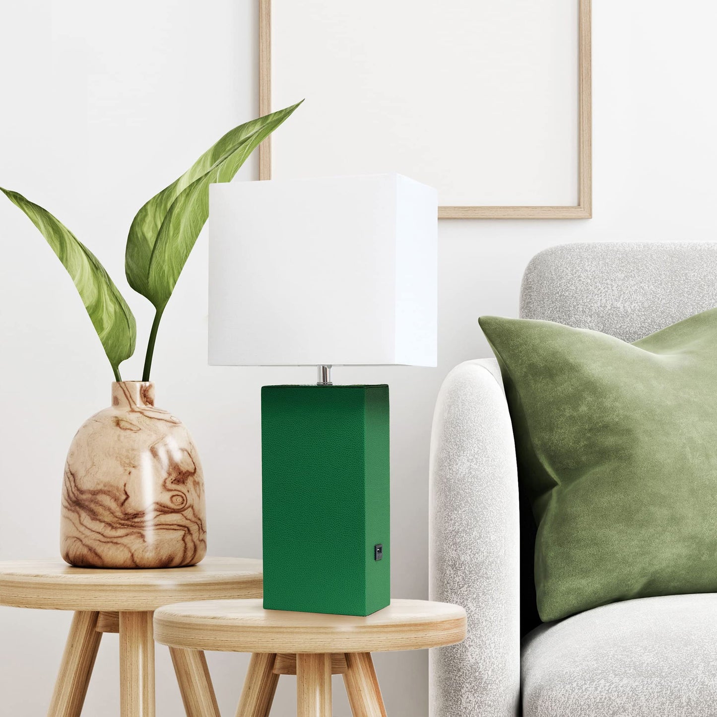 LALIA HOME 21in Leather Base Bedside Table Lamp with USB Charging Port, Green, Model LHT-3012 Family for Living Room, Bedroom, Office