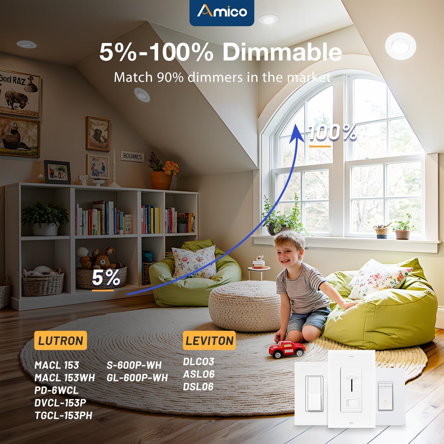 Amico 4 Pack 6 Inch 5Cct Gimbal Led Recessed Lighting  360&90 Adjustable Eyeball Directional Downlight  Dimmable  2700K/3000K/3500K/4000K/5000K Selectable  Cri90+ 12W 1200Lm  Etl&Fcc