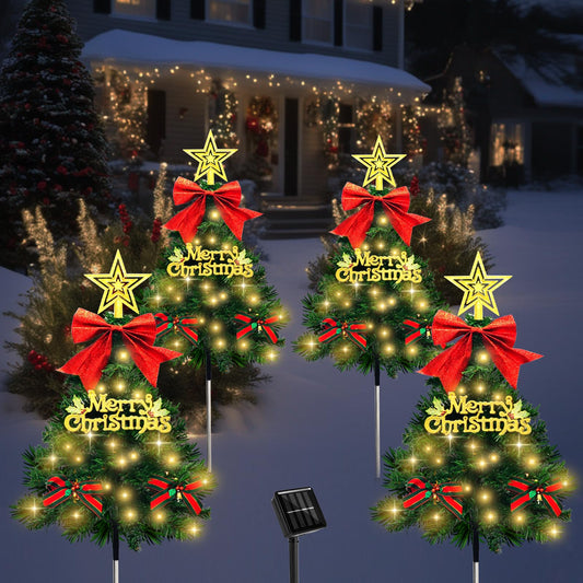 Tailerri 4 Pack Christmas Tree Solar Pathway Lights Outdoor Decorations  Waterproof Artificial Mini Xmas Tree Stake Lights With Diy Ornamets For Garden Yard Porch Decor (Green Tree)