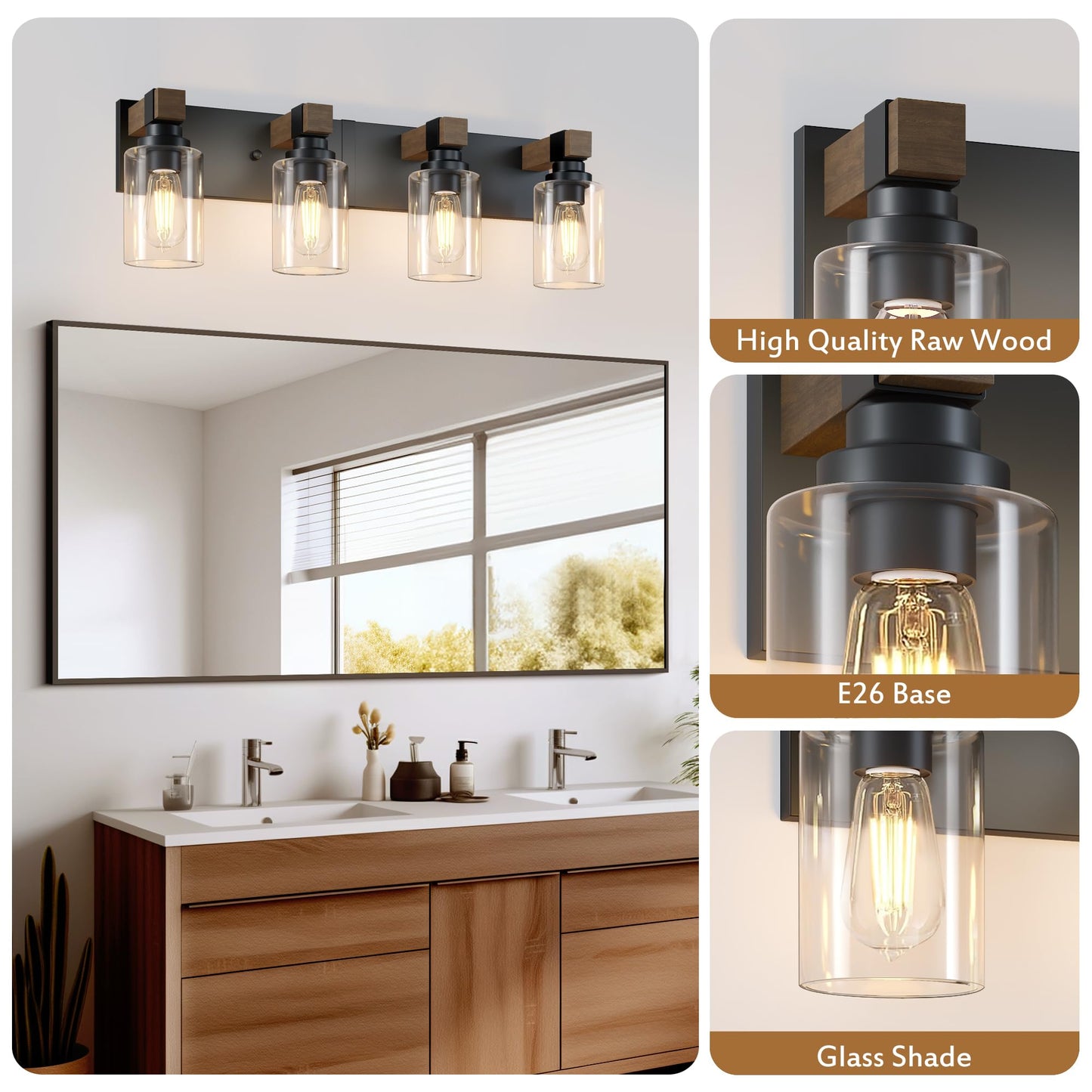 Farmhouse Bathroom Vanity Light Fixtures  Rustic 4-Light Wood Vanity Lights For Bathroom  Vintage Black Wall Sconces Lighting  Light Fixtures Over Mirror  With Glass Shade