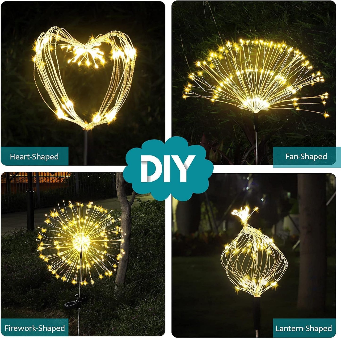 Jjgoo Solar Firework Lights  4 Pack 120 Leds 2 Lighting Modes Solar Garden Lights Outdoor Waterproof For Yard Patio Walkway Pathway Party Wedding Christmas Decorative - Warm White