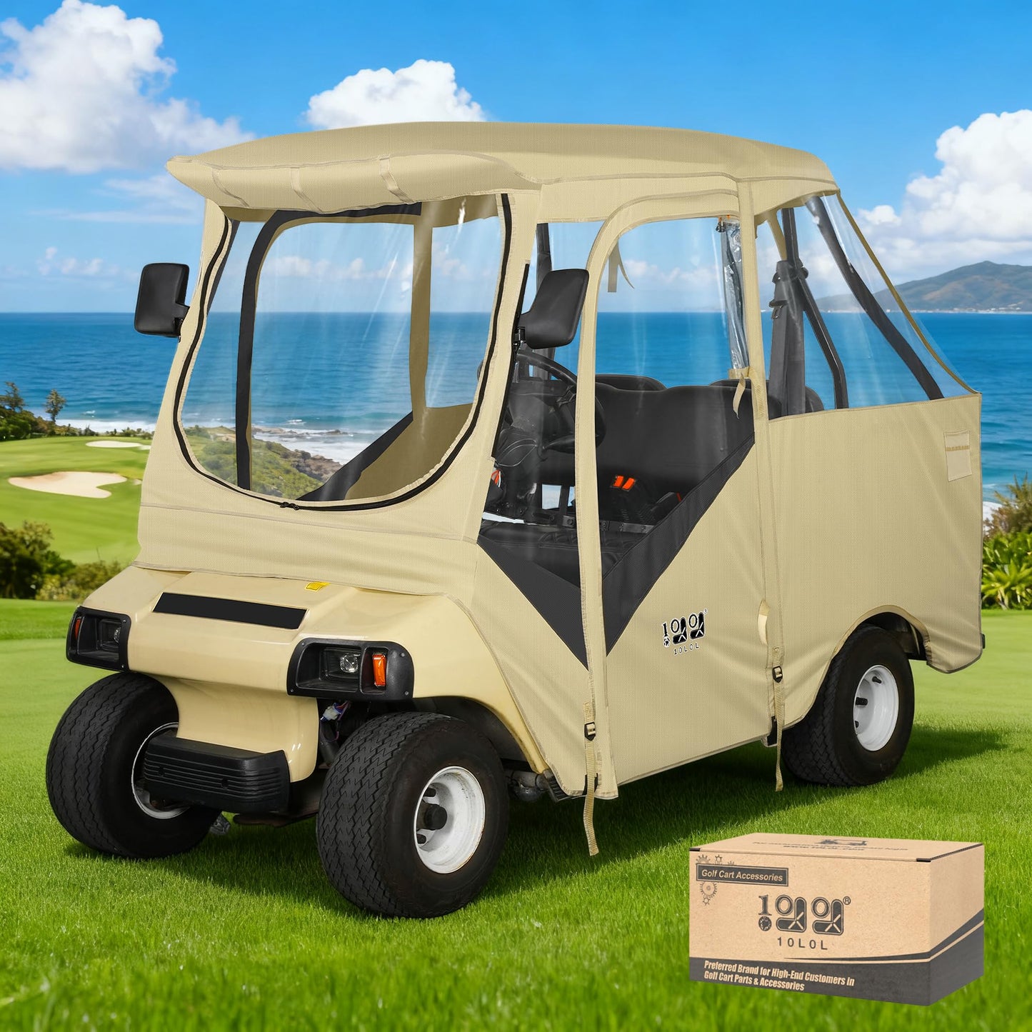 10L0L 4 Passenger Golf Cart Enclosure for Club Car DS (Short Roof 56"), Windproof Waterproof Portable Storage Cover 4-Sided Clear Window & Roll-up Zipper Door - Beige Gray
