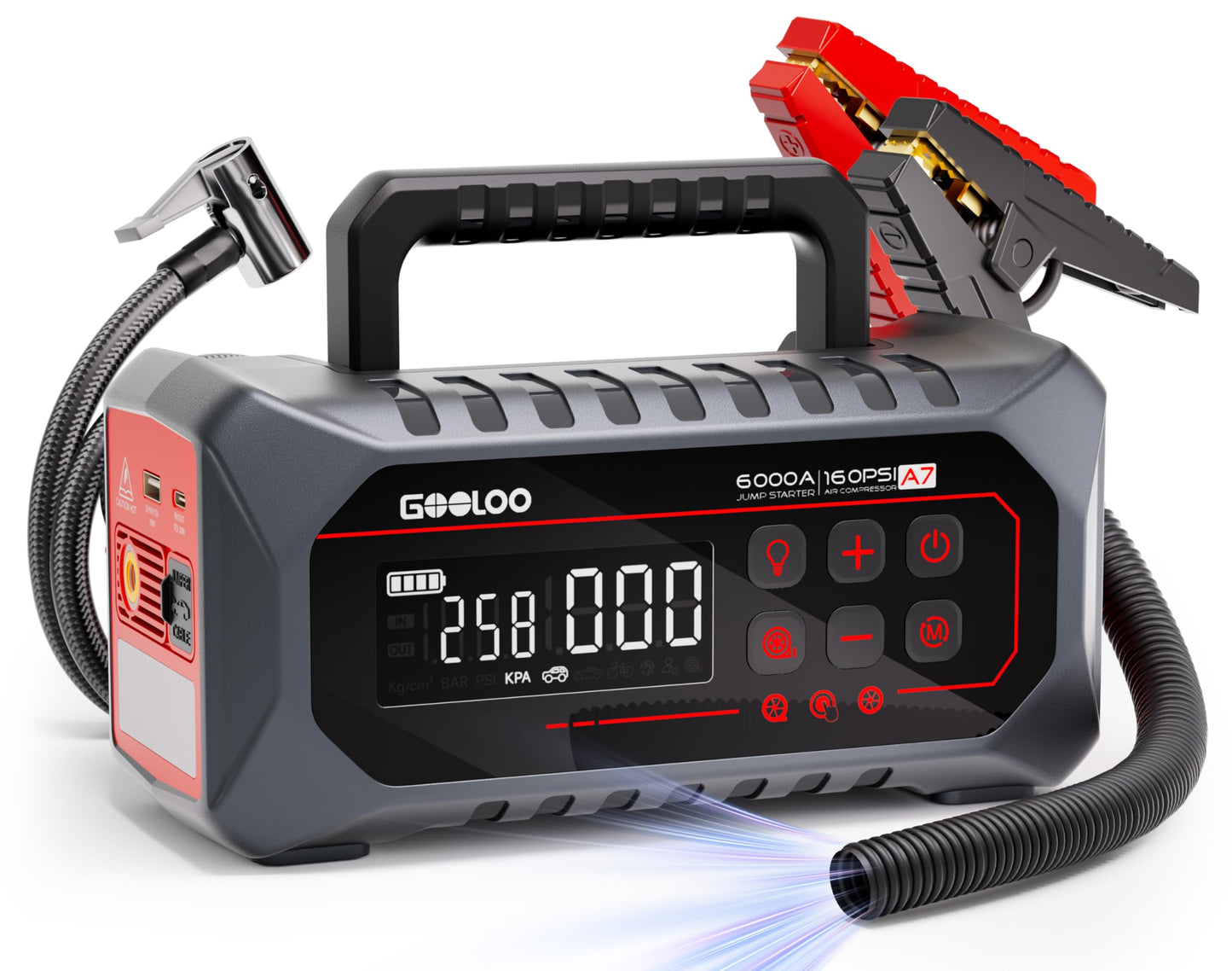 GOOLOO A7 Jump Starter with Air Compressor, 6000A &160PSI 12V Car Battery Jumper Starter Portable Booster Pack, 12-in-1 Jump Box (All Gas & 10L Disel) with Tire Inflator & Air Pump(Inflate& Deflate)
