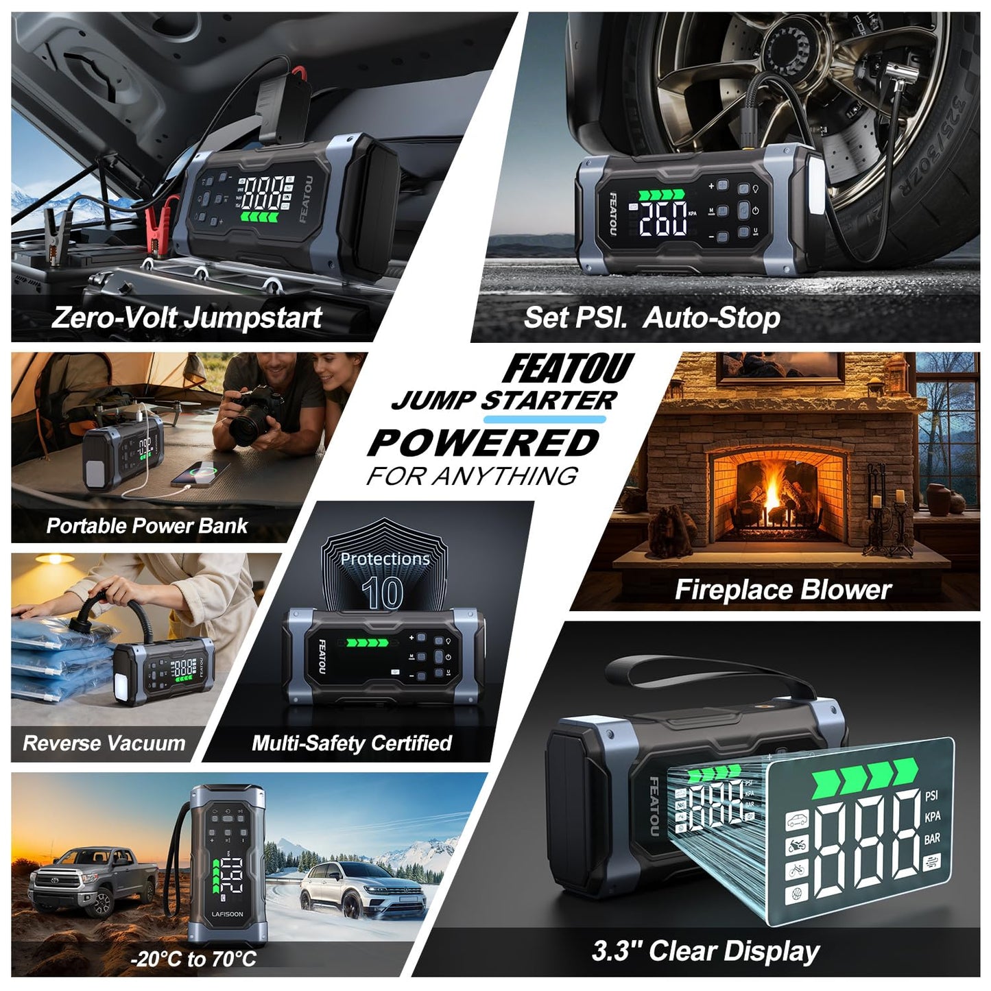 High-Power 9000A Jump Starter with Air Compressor, 12V Car Battery Jump Starter, Portable Jump Box for Car(All Gas/14L Diesel) with Tire Inflator, 30W Fast Charge, Forced Boost, Smart Battery Jumper