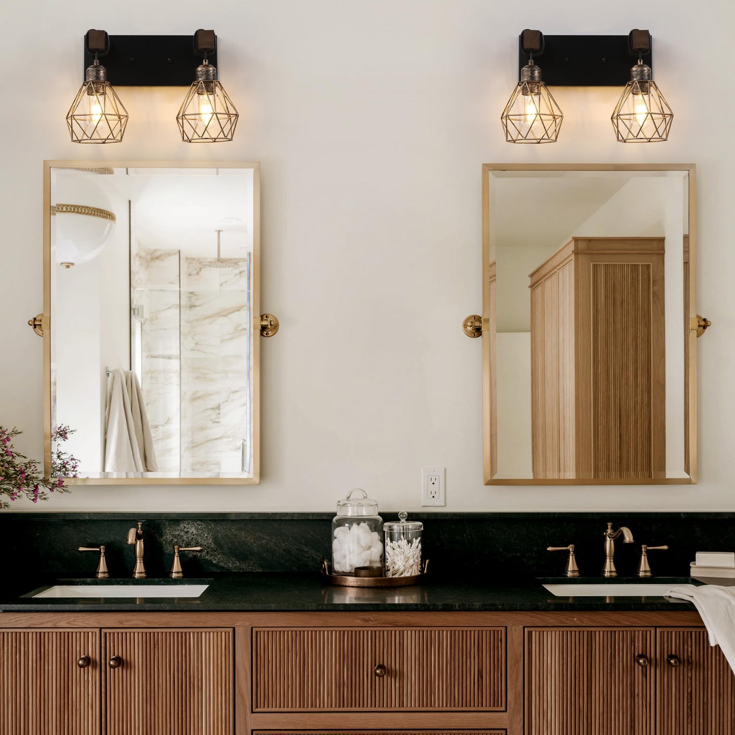 Farmhouse Vanity Light For Bathroom  2-Light Black Gold Wood Bathroom Vanity Light Fixtures Over Mirror  Rustic Sconces Wall Lighting With Metal Lampshade For Living Room  Bedroom  Hallway