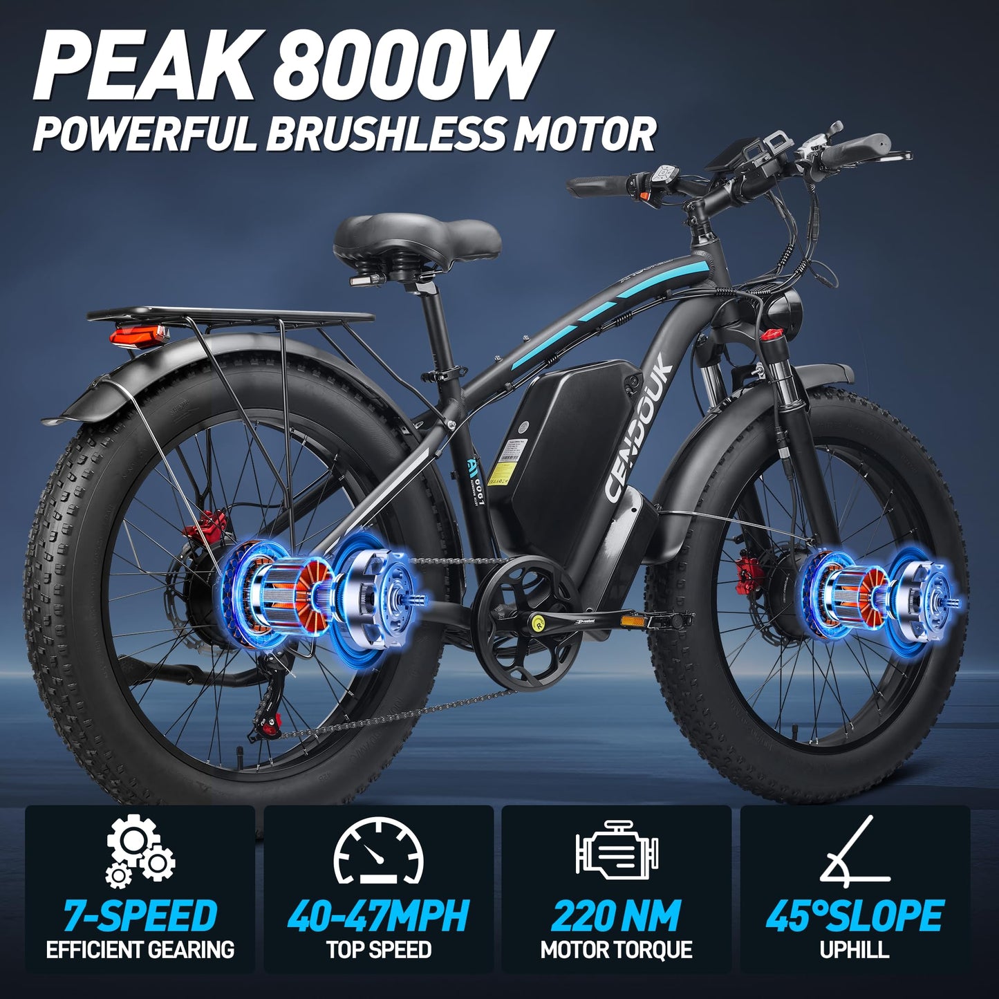 Qweepei Peak 6000W Dual Motor Ebike Fast 47MPH 52V 34AH UL Certified Battery Electric Bike for Adults 100 Miles Long Range 24Inch Fat Tire Commuter Electric Bicycle for All Terrain (Blue)