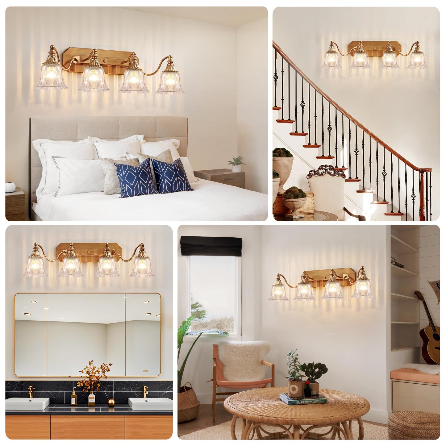 Dvmteom Gold Vintage Bathroom Light Fixtures  4-Lights Bathroom Vanity Light  Antique Brushed Gold Lighting Fixtures Over Mirror With Crystal Glass Shade  Wall Sconce Lighting